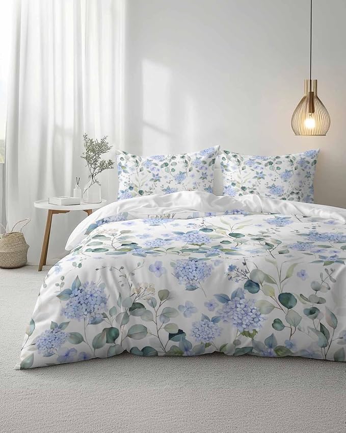 Blue Hydrangea & Eucalyptus Duvet Cover Set — Farmhouse Floral