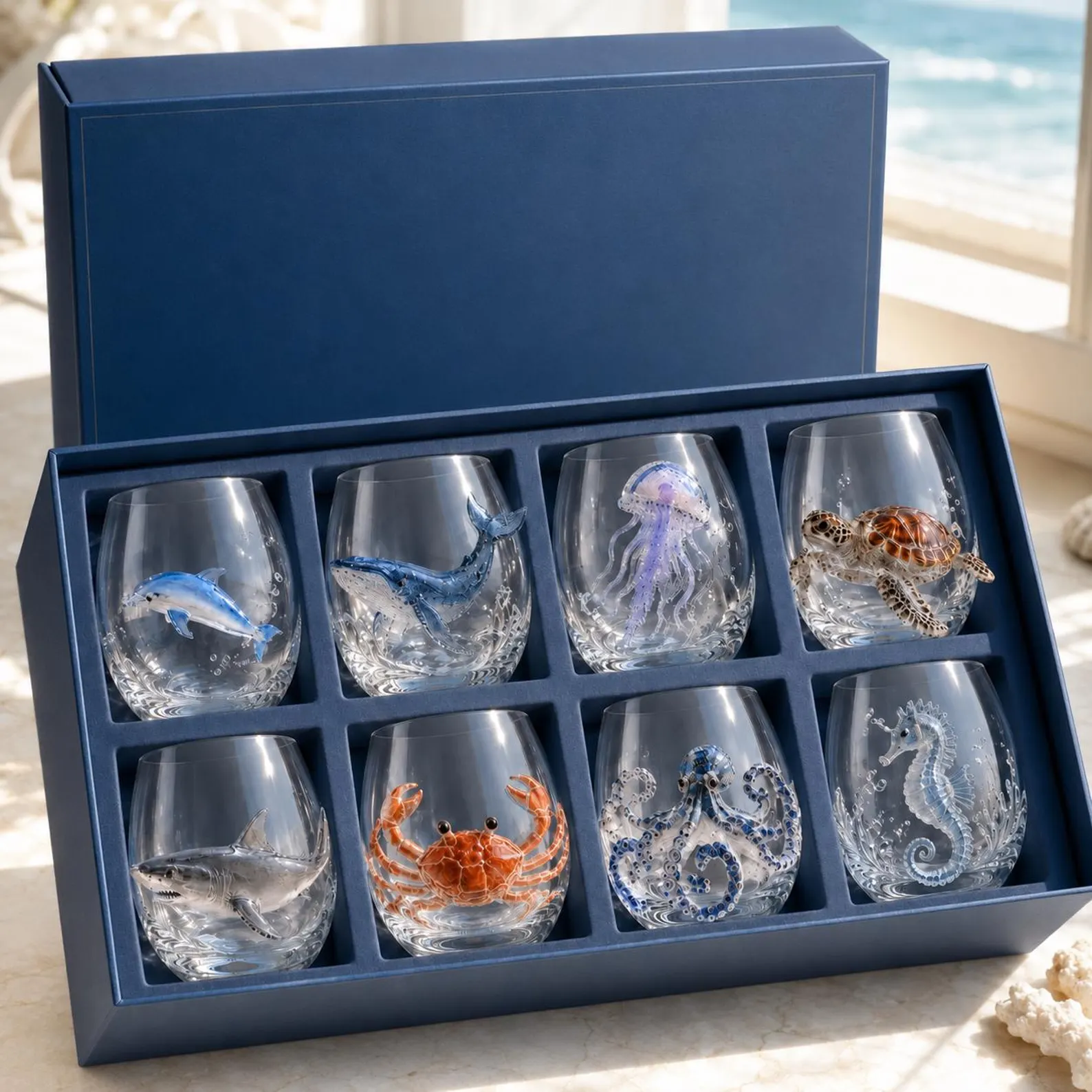 Hand-Blown 3D Ocean Animal Glass Cup Set — 8 Piece Borosilicate Gift Box