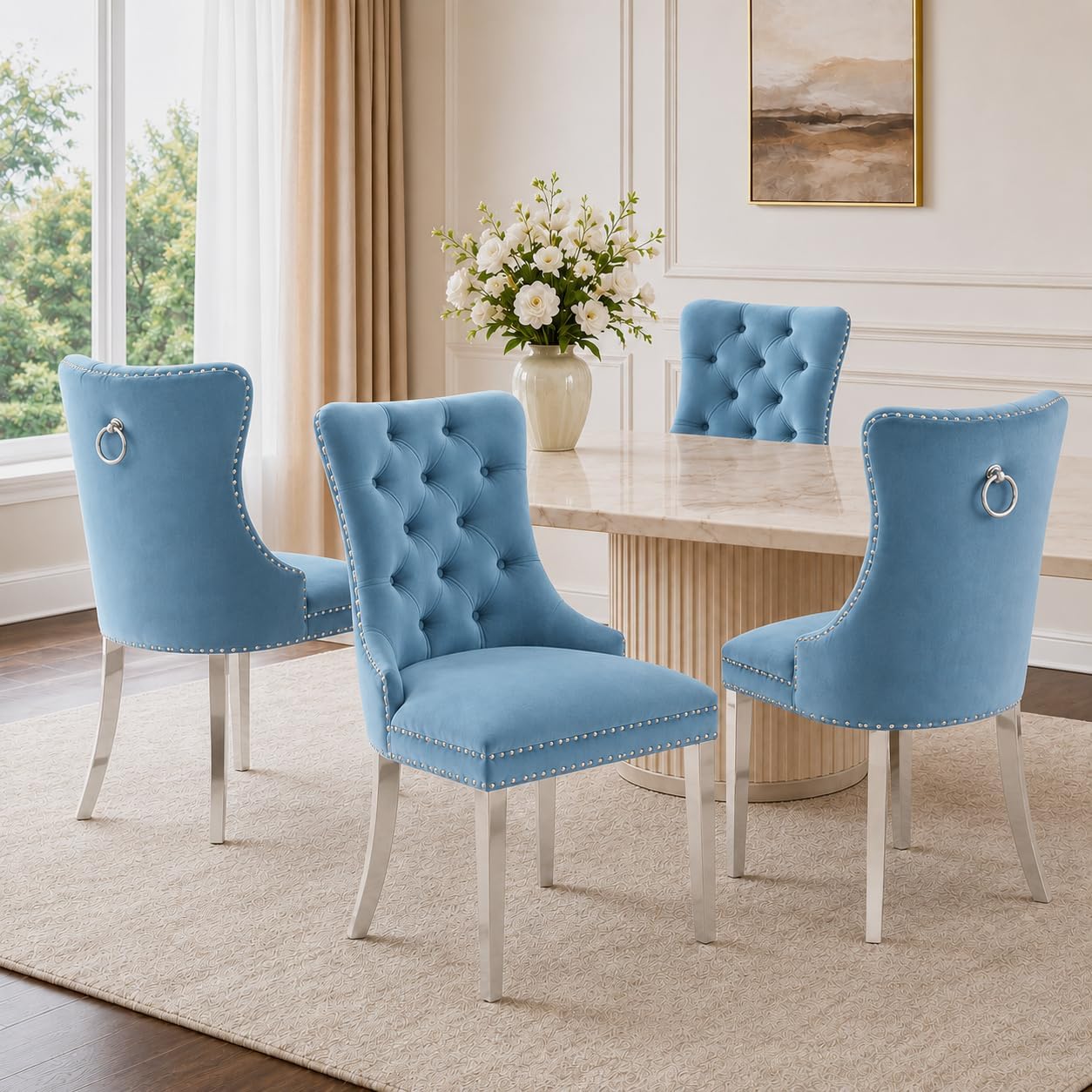 Ice Blue Velvet Tufted Dining Chairs with Silver Legs & Ring Pulls (Set of 4)
