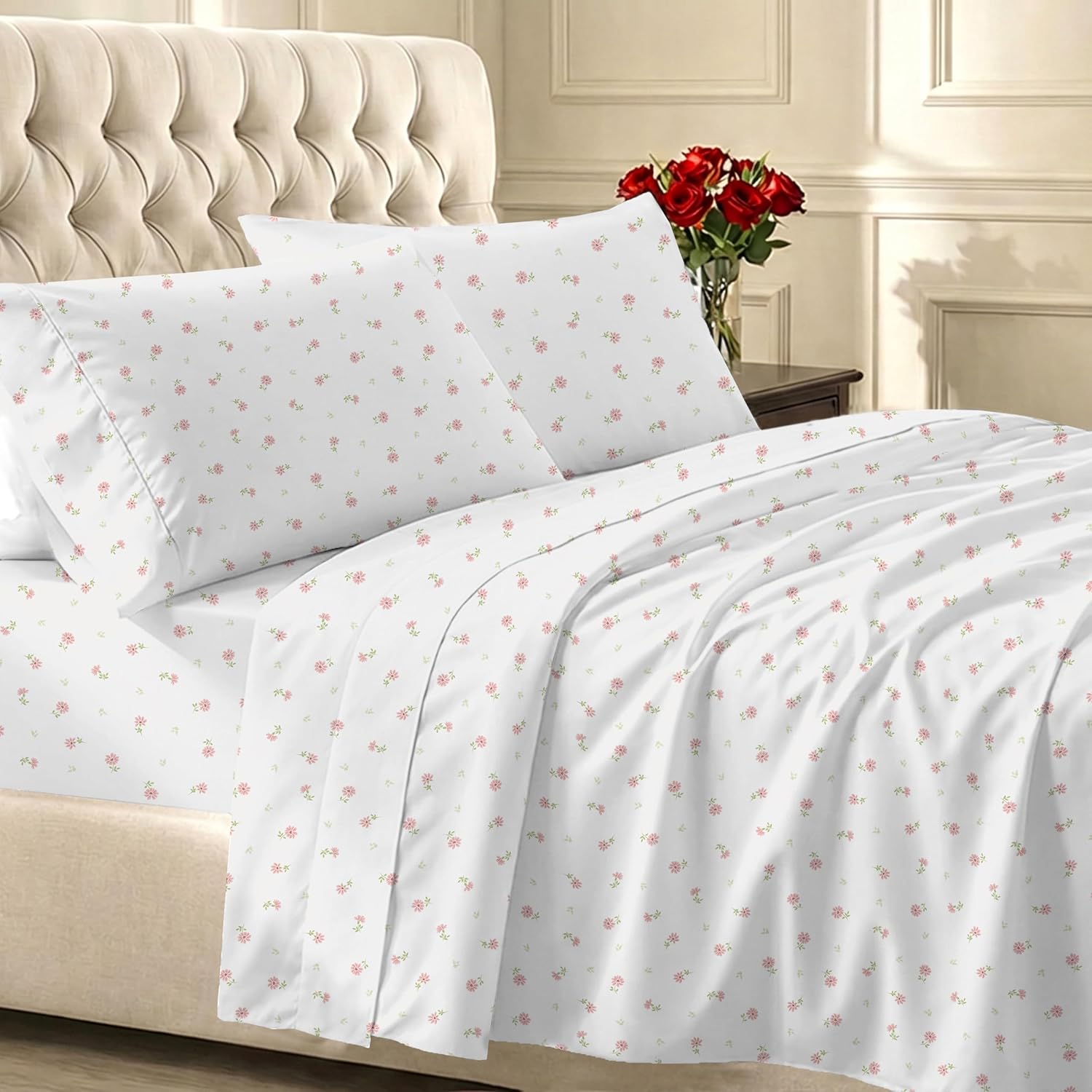 California Design Den 400 TC Cotton Sateen Queen Sheet Set, 4 Pc — Soft Floral
