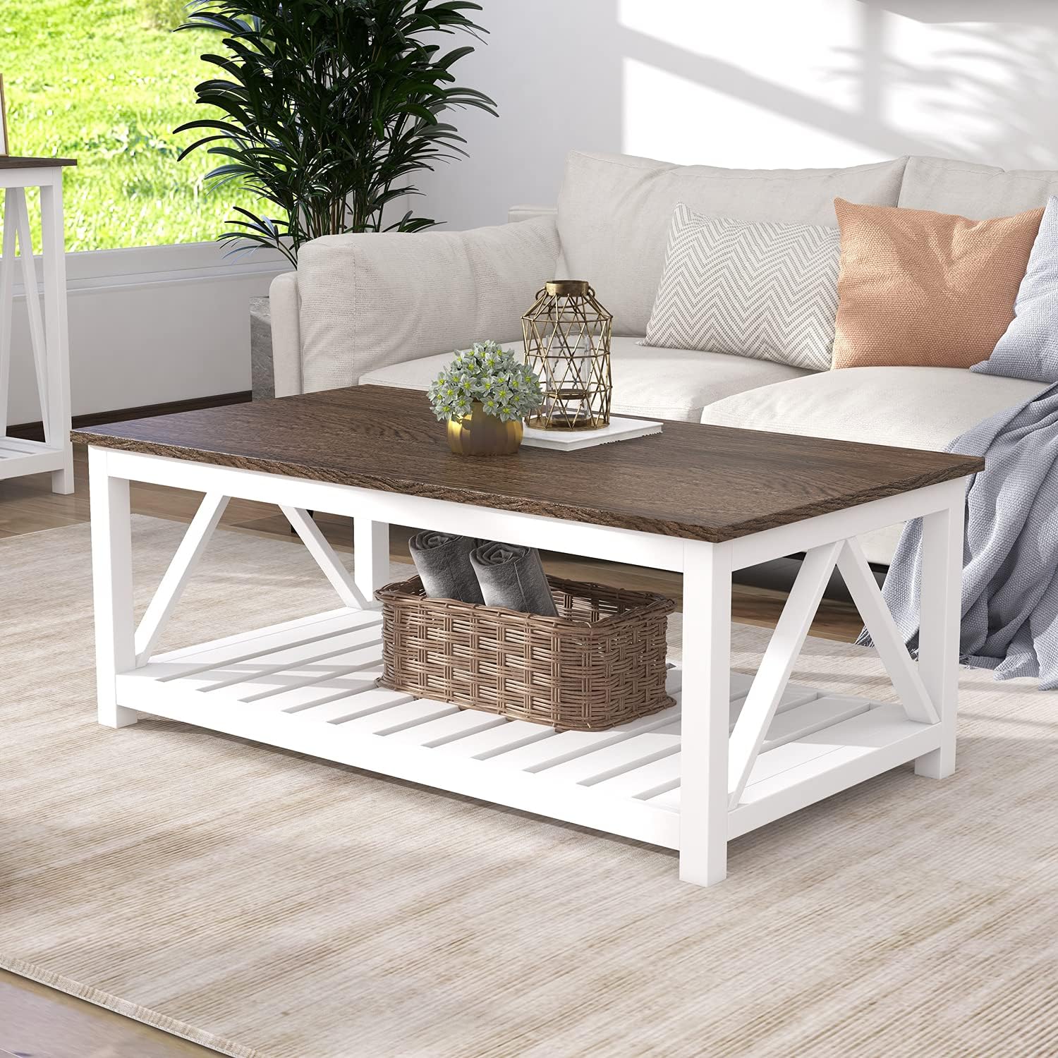 ChooChoo 40" Farmhouse A-Frame Coffee Table with Storage Shelf (White)