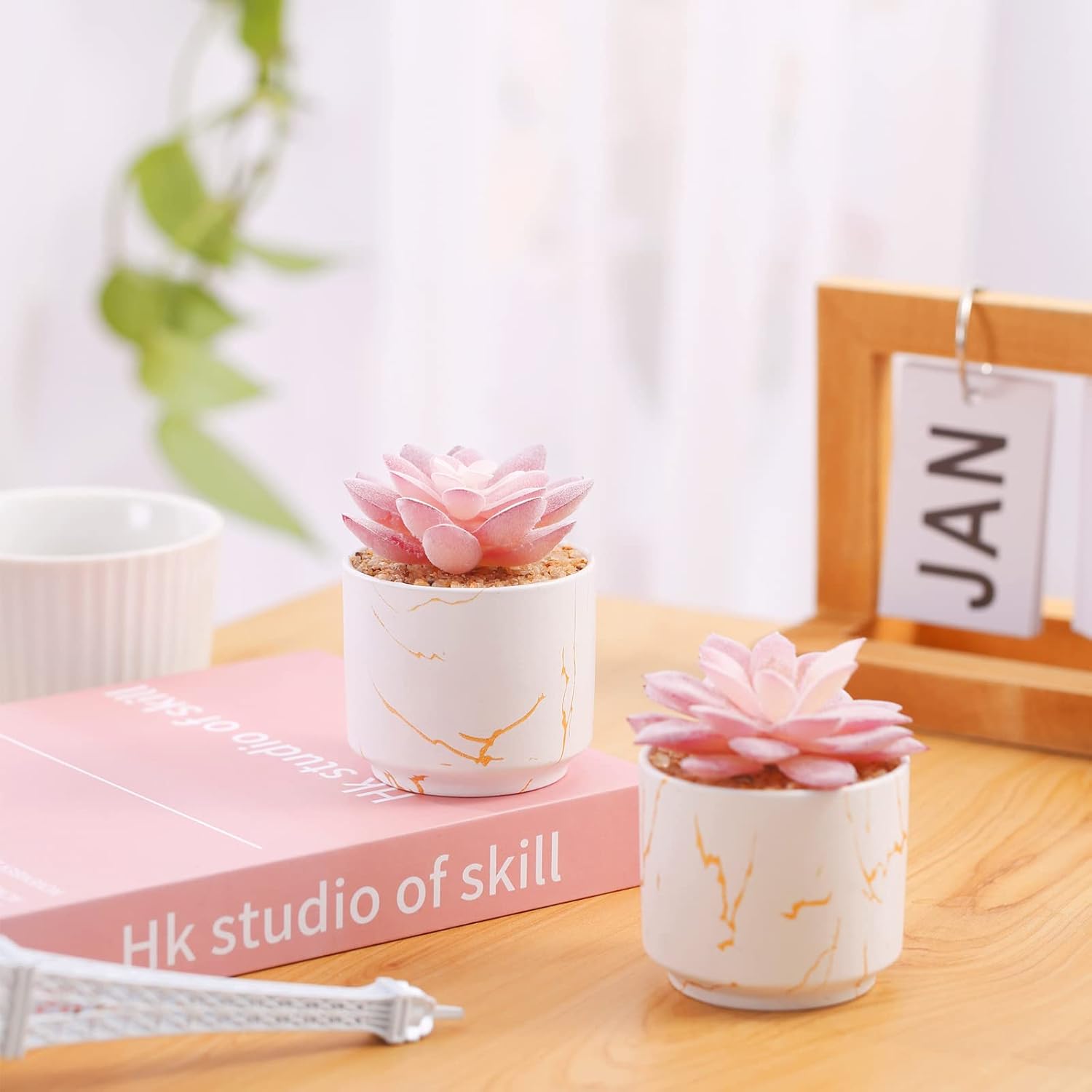 ZENIDA Faux Succulents in White & Gold Ceramic Pots (Set of 2)