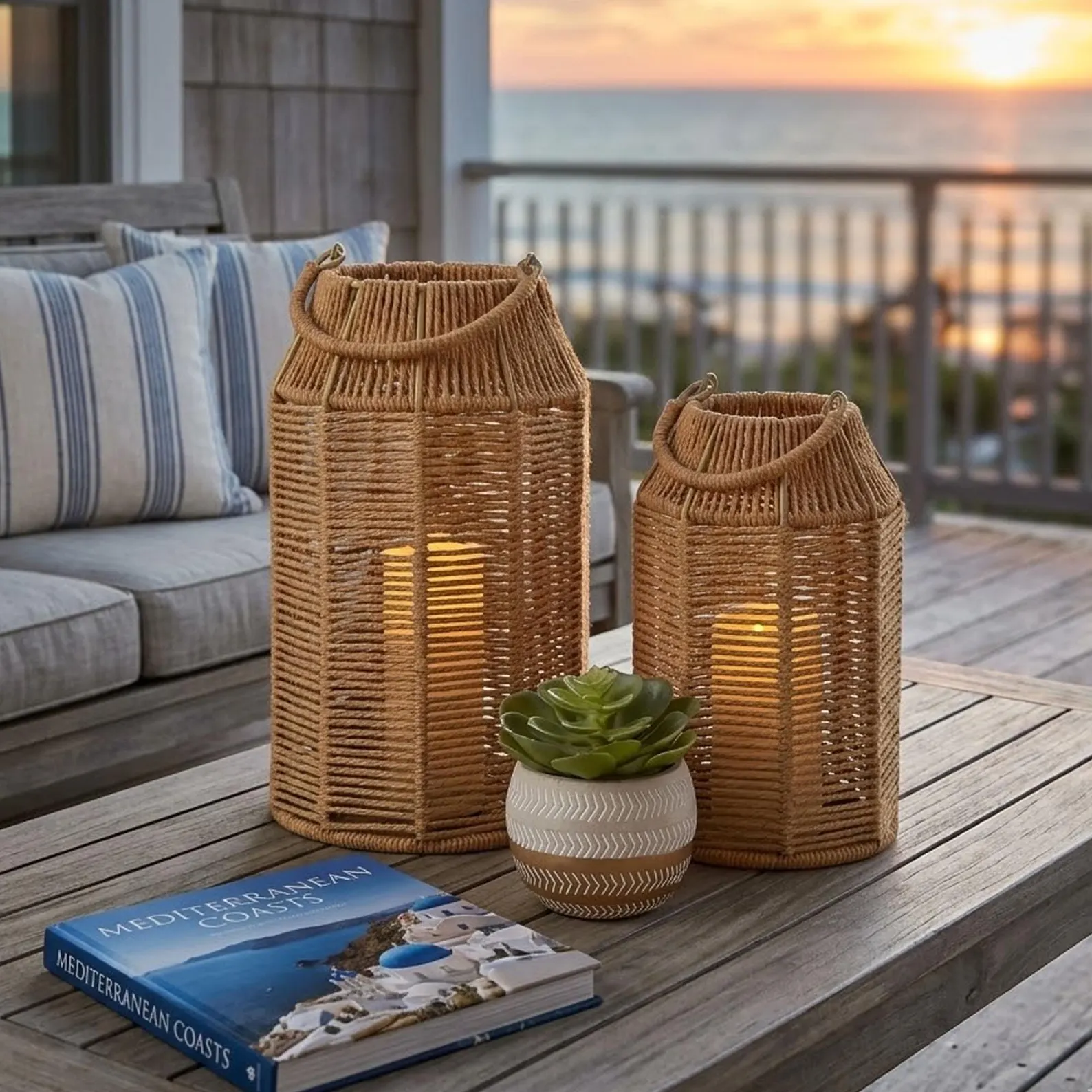 Jute Rope Lanterns — Coastal Boho Set of 2 (Handwoven Candle Lanterns)