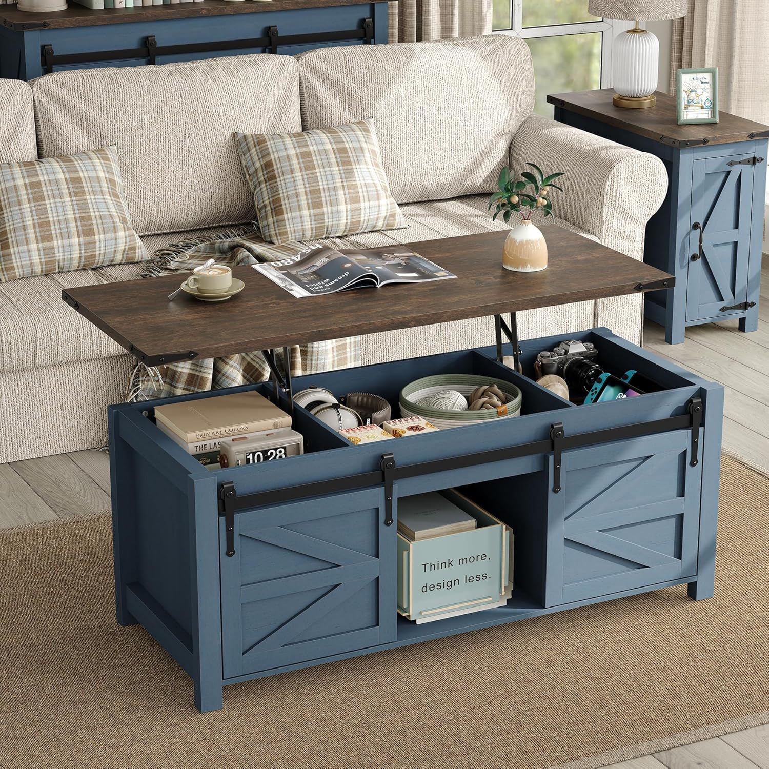 Furnihold Farmhouse Lift-Top Storage Coffee Table with Barn Doors — Navy Blue
