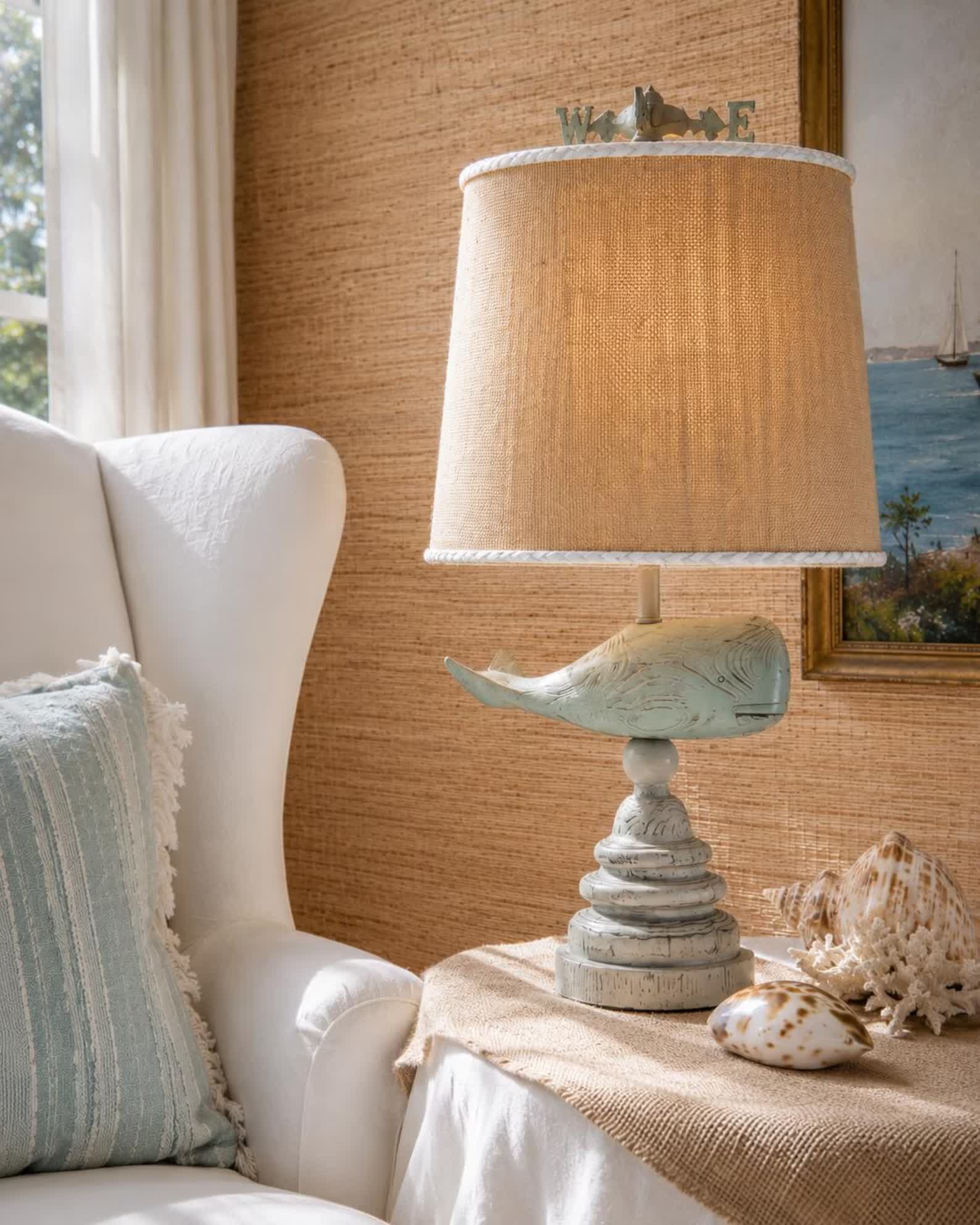 Whale Table Lamp — Distressed Aqua Whale Lamp with Burlap Shade
