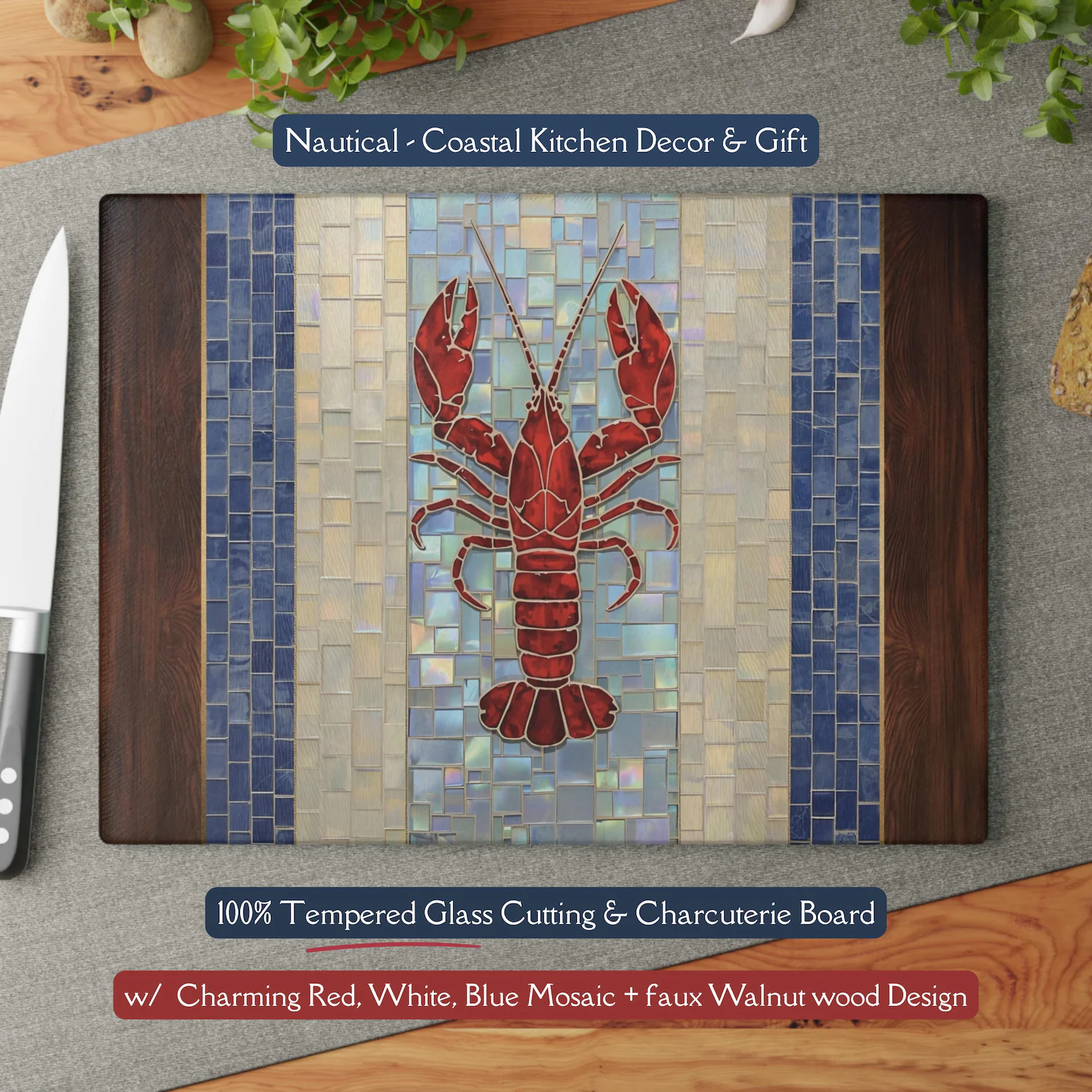 Nautical Lobster Mosaic Tempered Glass Cutting & Charcuterie Board