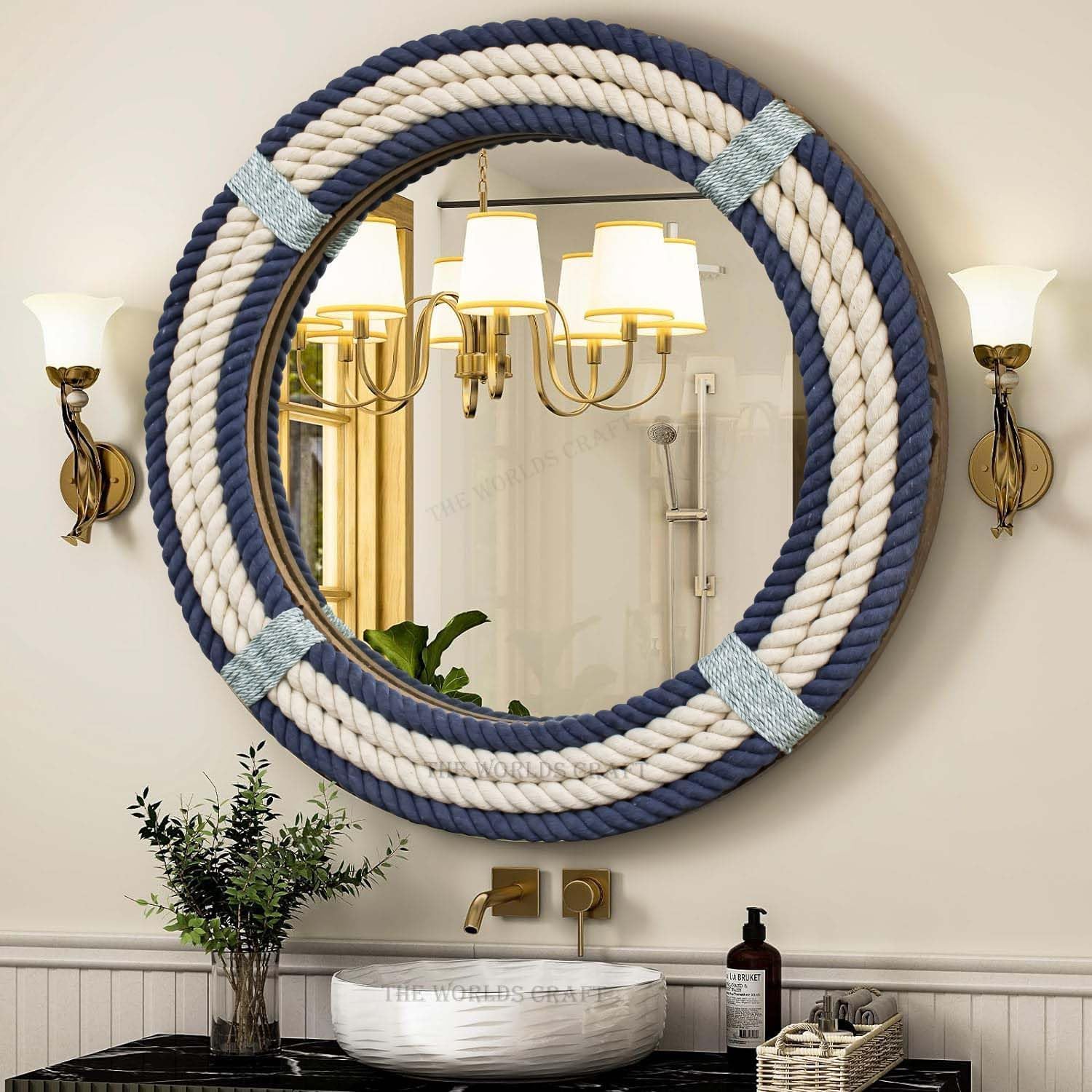 Nautical Round Twisted Rope Wall Mirror (Navy & White)