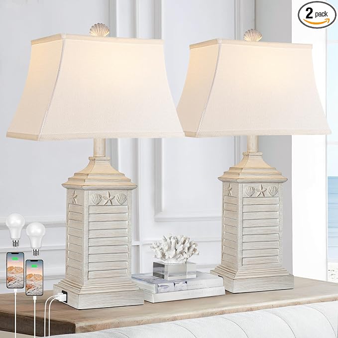 Coastal Shell Table Lamps with USB Ports — Whitewashed (Set of 2)
