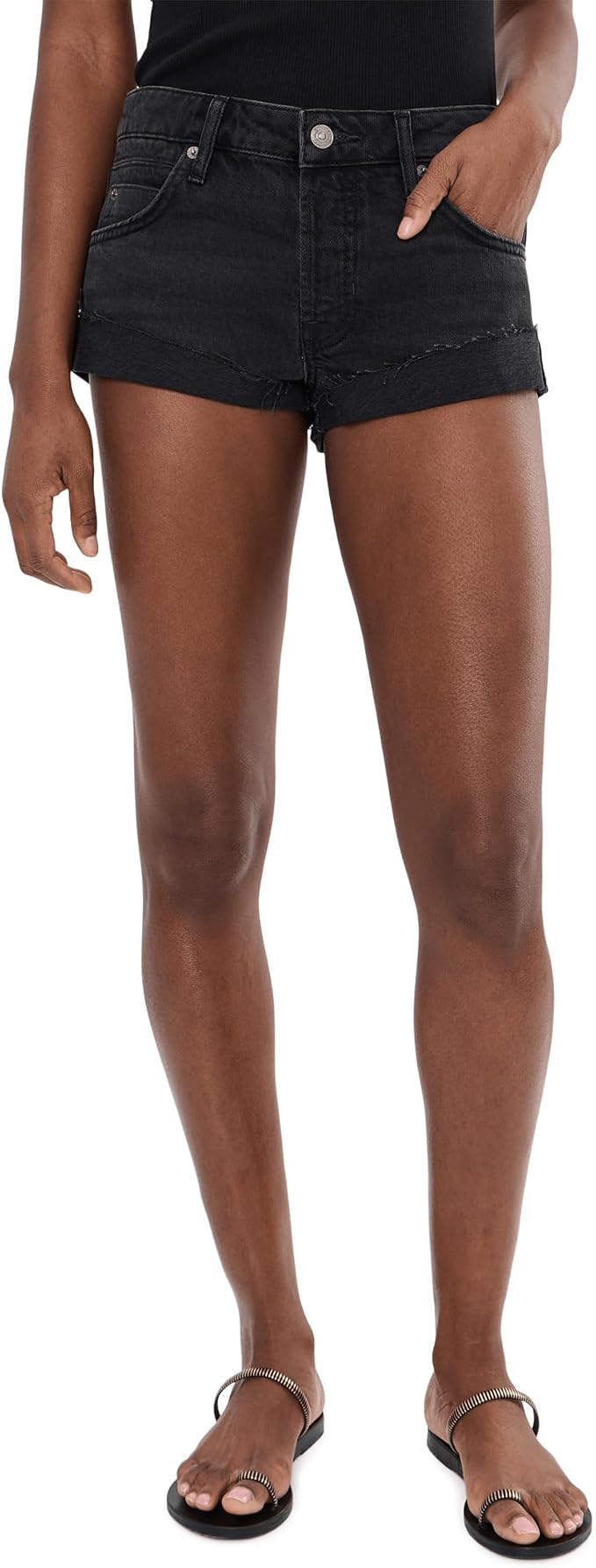 Faded Black Denim Rolled-Cuff Cutoff Shorts