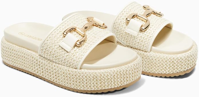 Cream Raffia Woven Platform Slide Sandals with Gold Bit Buckle