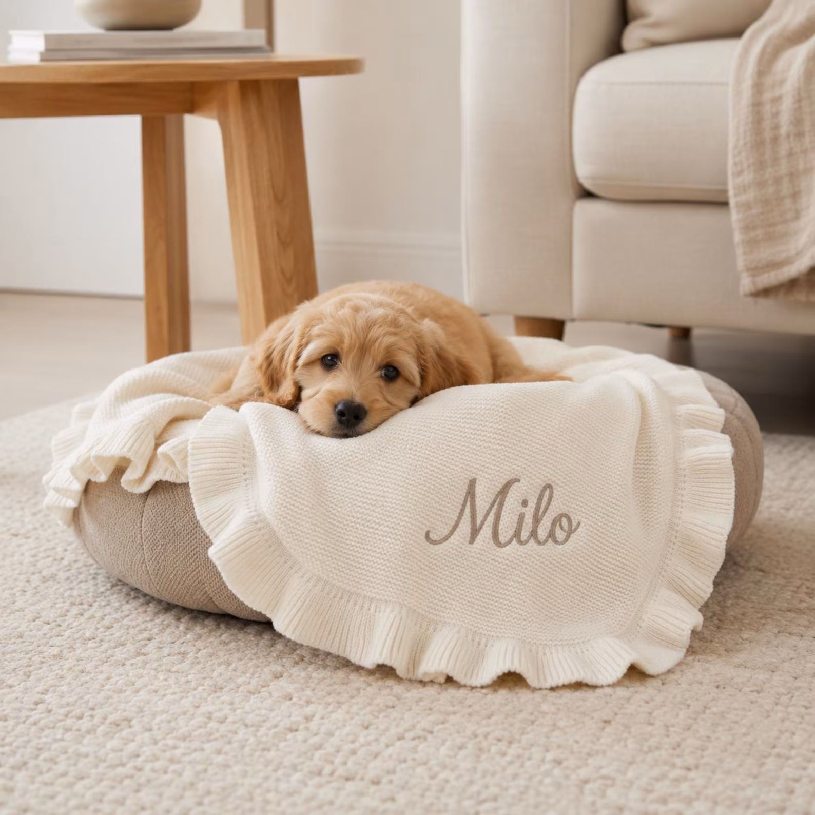 Personalized Knit Ruffle Pet Blanket — Custom Embroidered Name