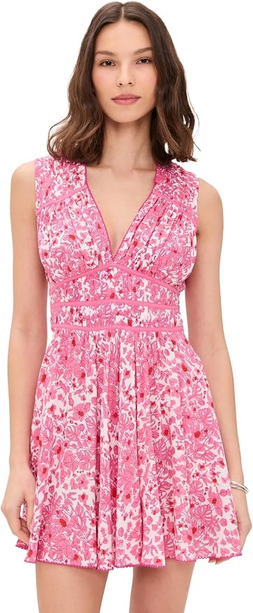 Poupette St Barth Pink Floral V-Neck Mini Dress