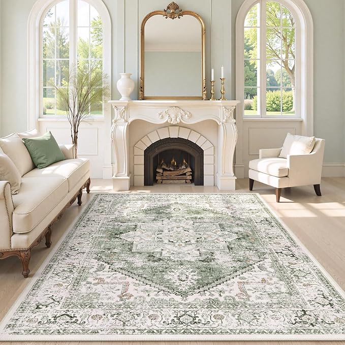 Sage Green & Ivory Vintage Medallion Washable Area Rug
