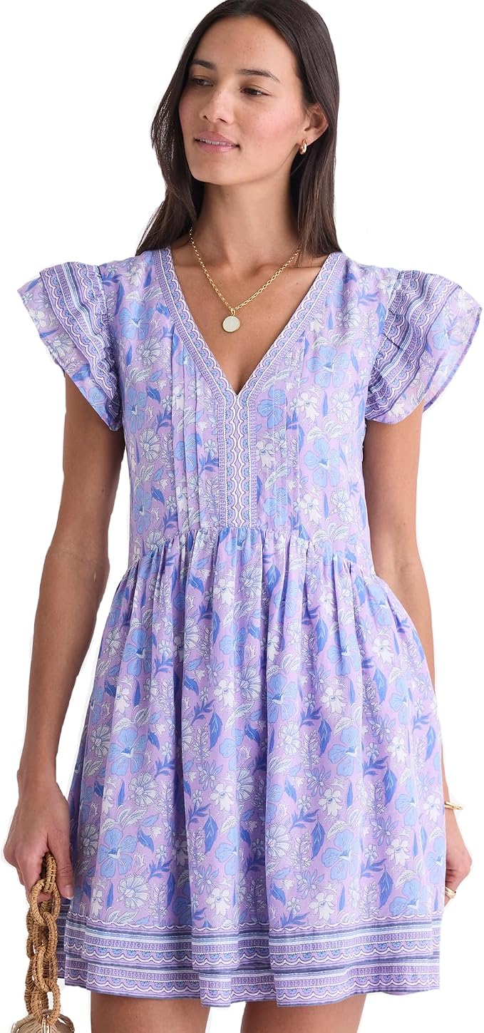 Lavender Floral Flutter-Sleeve V-Neck Mini Dress