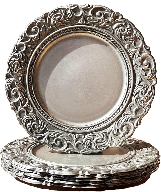 Umisriro Silver Embossed Charger Plates — Ornate Scroll Rim (Set of 6)