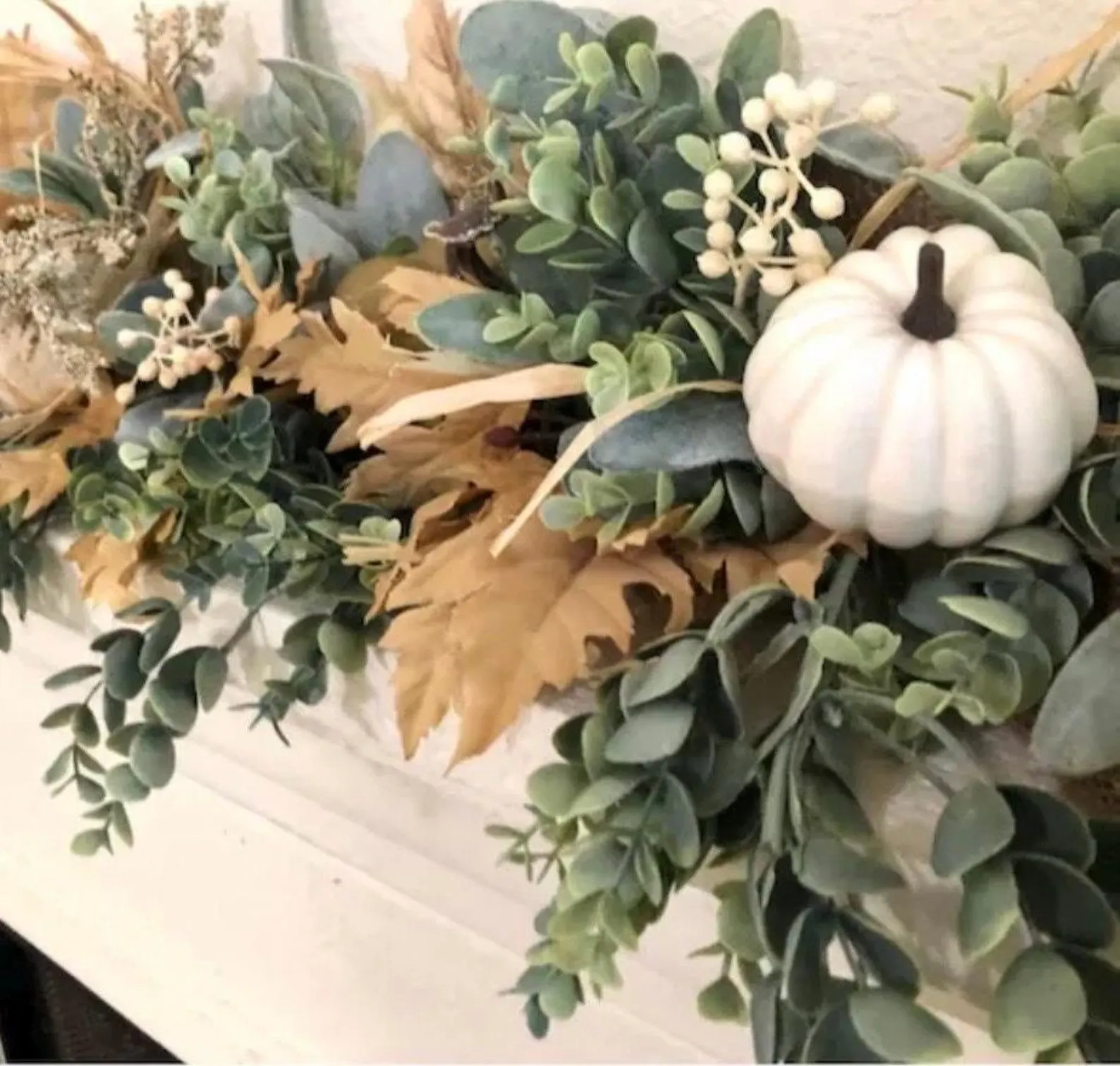 Fall Eucalyptus Garland with White Pumpkins and Berries