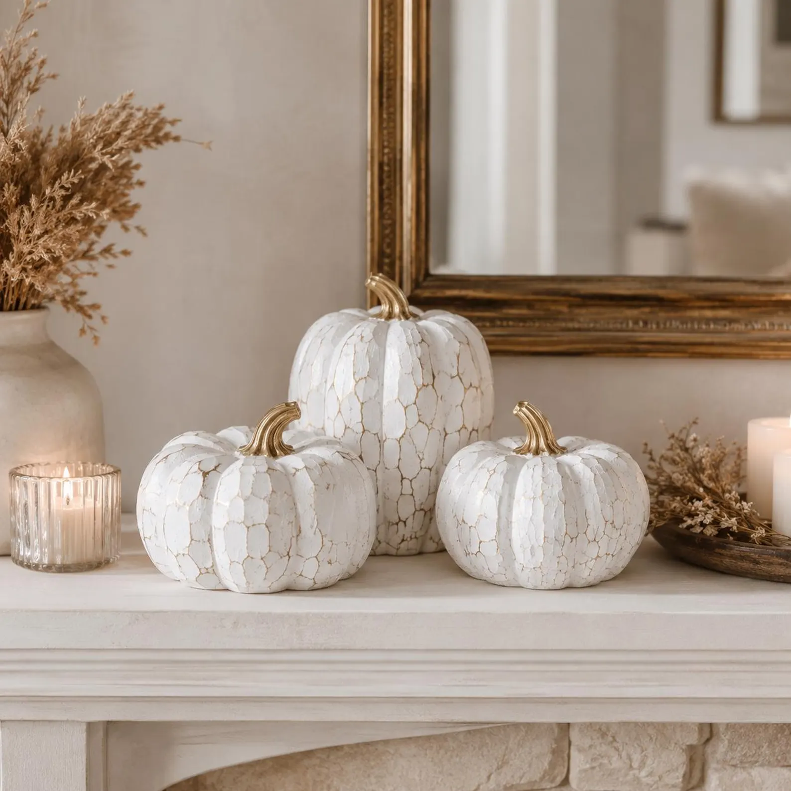 Set of 3 Cream & Gold Mosaic Pumpkins with Gilded Stems