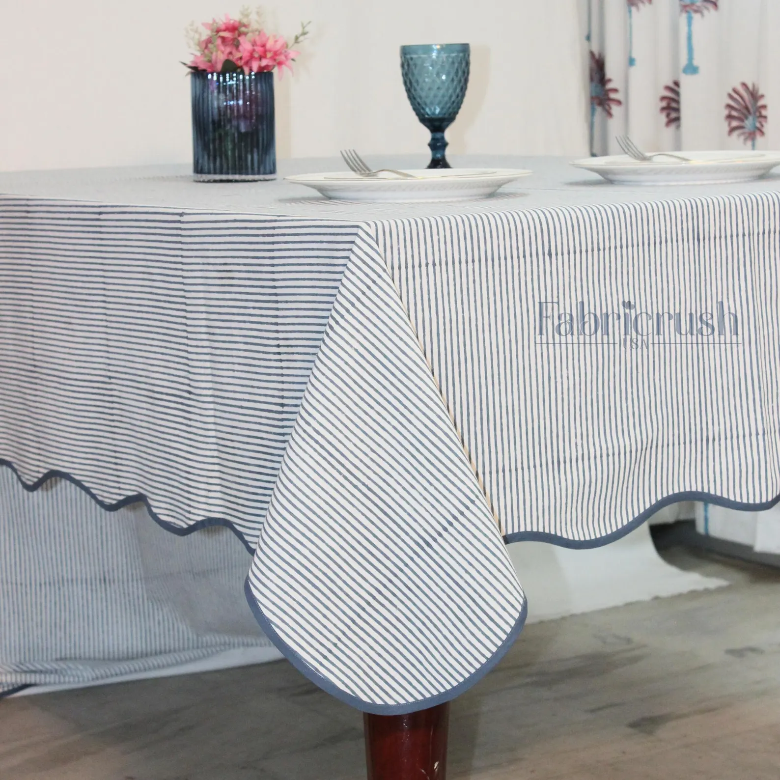 Blue Stripe Linen Tablecloth with Scalloped Blue Border (Block-Printed Cotton)