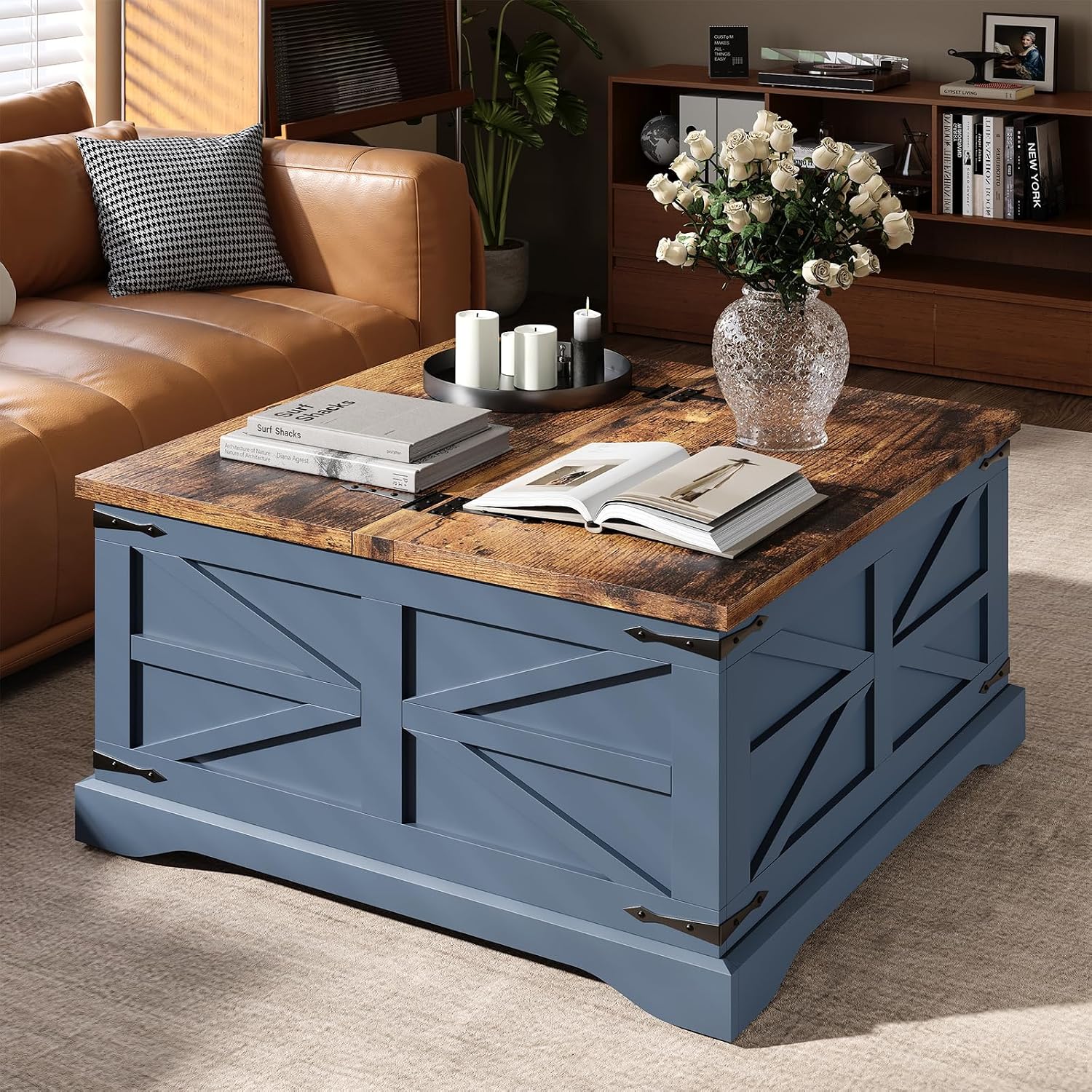 MXV Square Farmhouse Storage Coffee Table with Hinged Lift Top — Distressed Blue