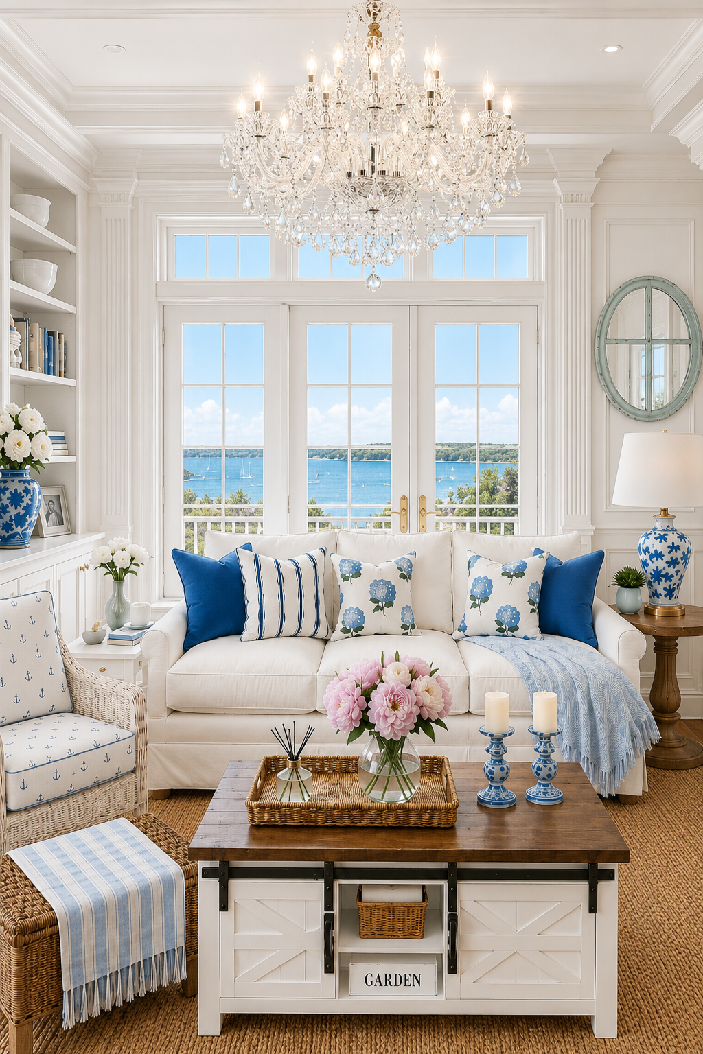 Bright coastal living room with a crystal chandelier, white sectional sofa with blue hydrangea and ticking stripe pillows, a white barn-door lift-top coffee table with a rattan tray, blue and white ginger jar lamp, anchor-print wicker chair and harbor views through French doors.