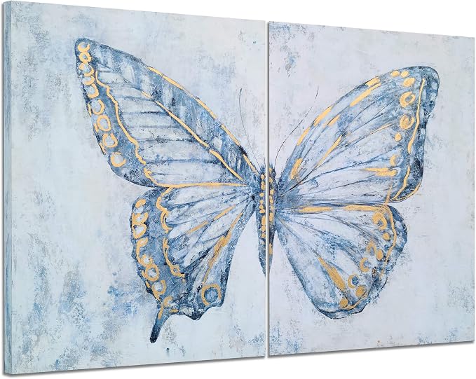 Yihui Arts Blue & Gold Butterfly Diptych Canvas Wall Art