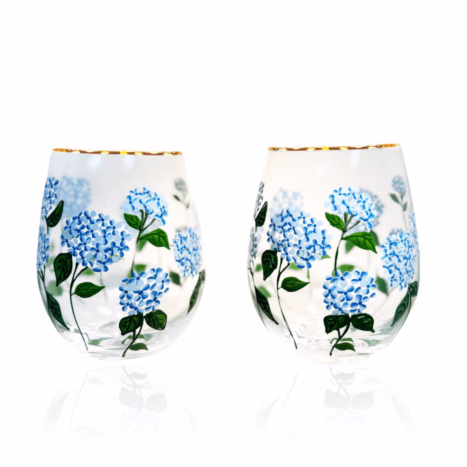 Hydrangea Painted Stemless Wine Glasses — Blue Floral Hand-Painted Glassware
