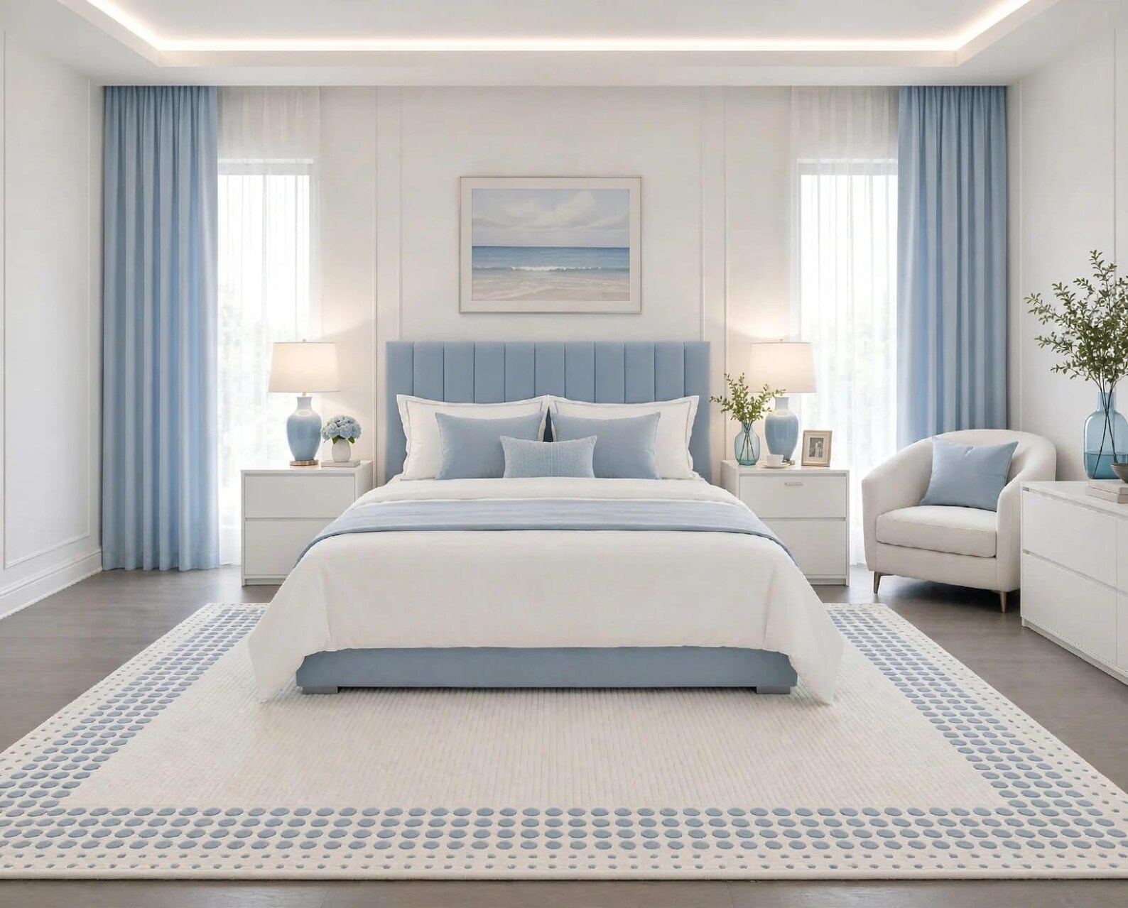 Modern Ivory & Blue Tufted Area Rug — Handmade Luxury Bedroom Carpet