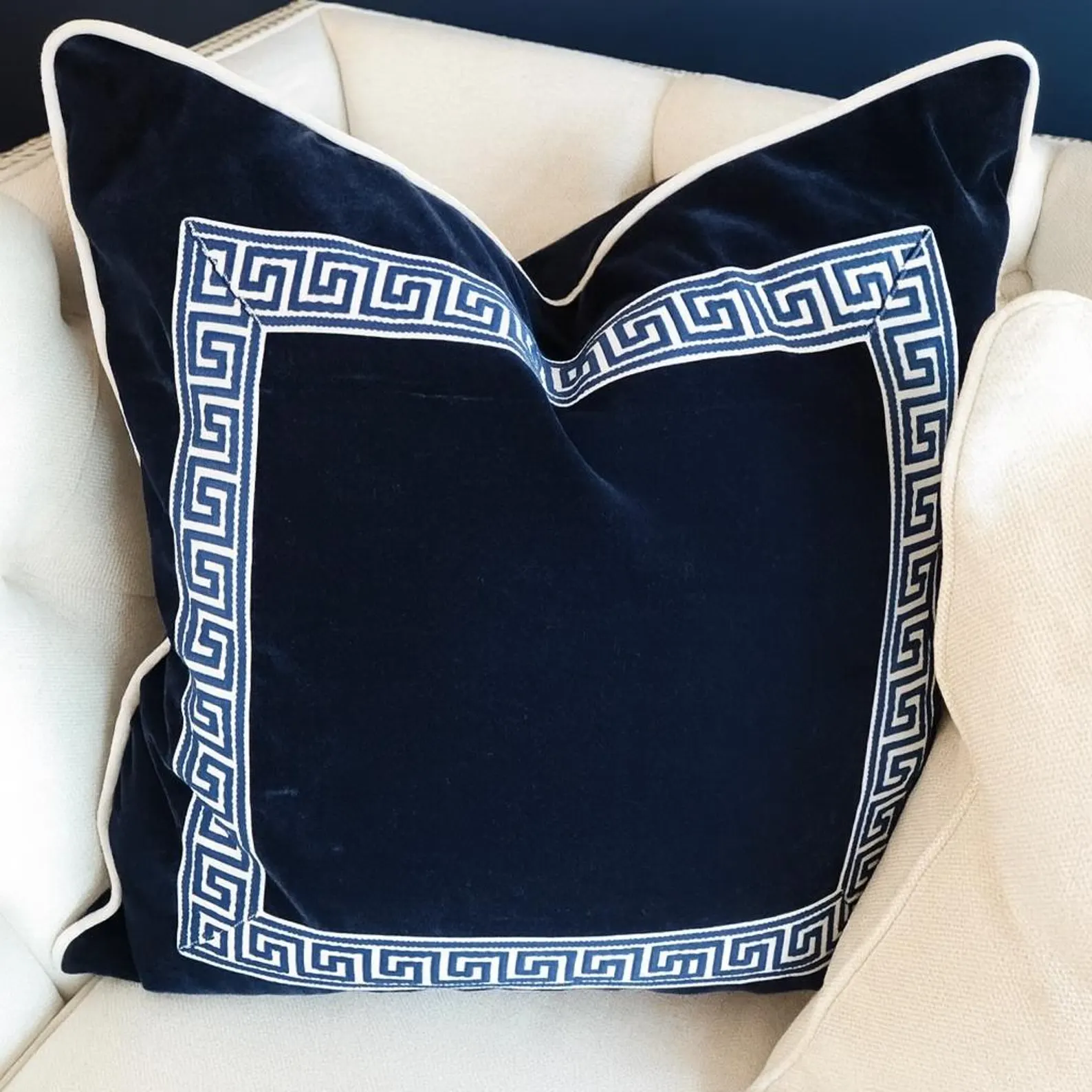 Navy Velvet Pillow with Blue & White Greek Key Border