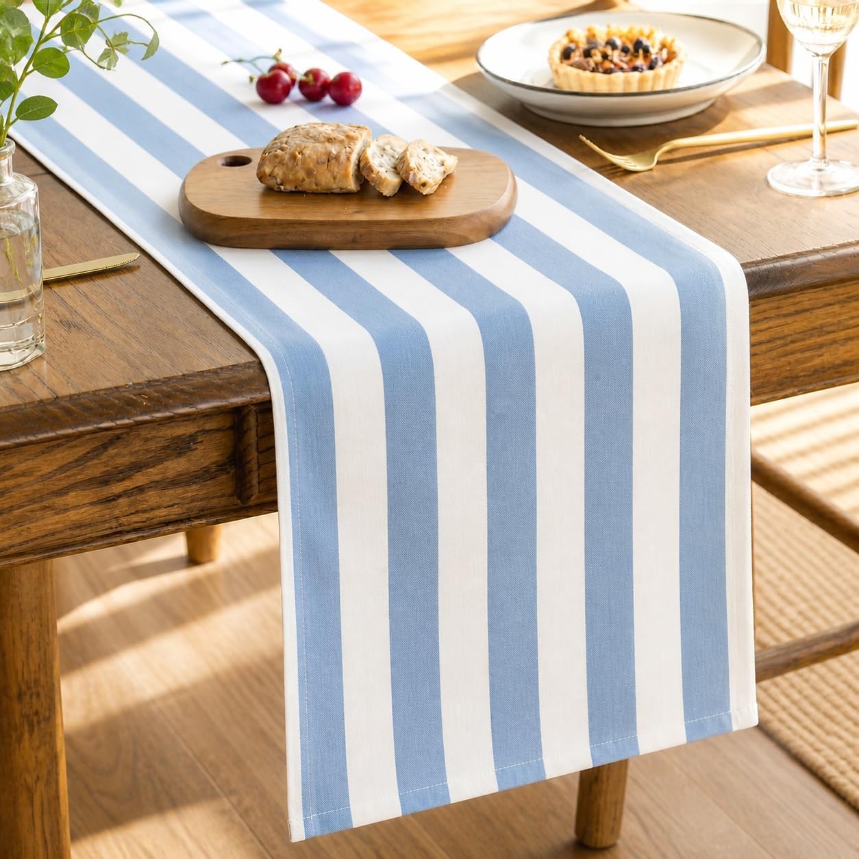Blue & White Wide-Stripe Cotton Table Runner