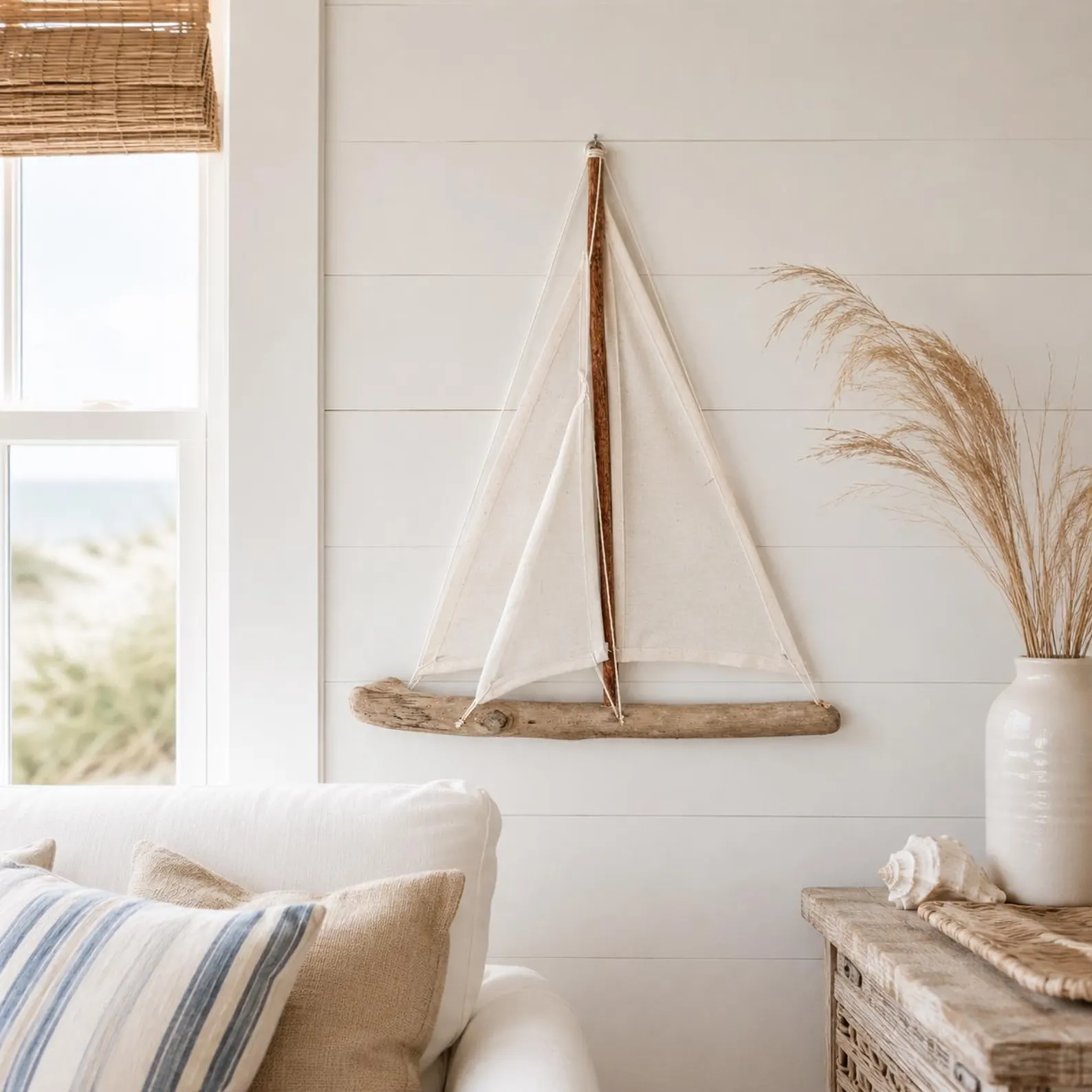 Driftwood Sailboat Wall Hanging with Canvas Sails