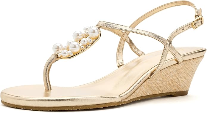 Lilly Pulitzer Pearl Embellished Gold Metallic Wedge Sandals