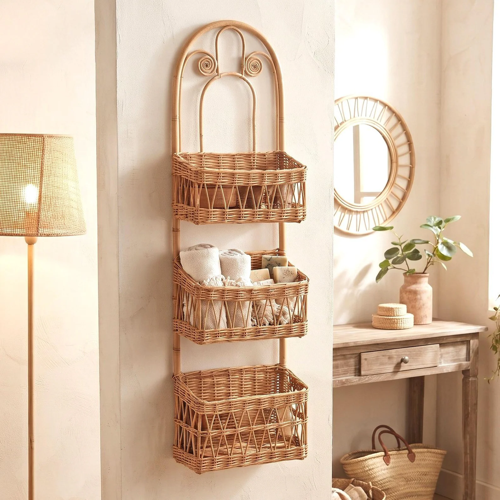 Vintage Rattan 3-Tier Wall Hanging Basket Organizer — 24 in.