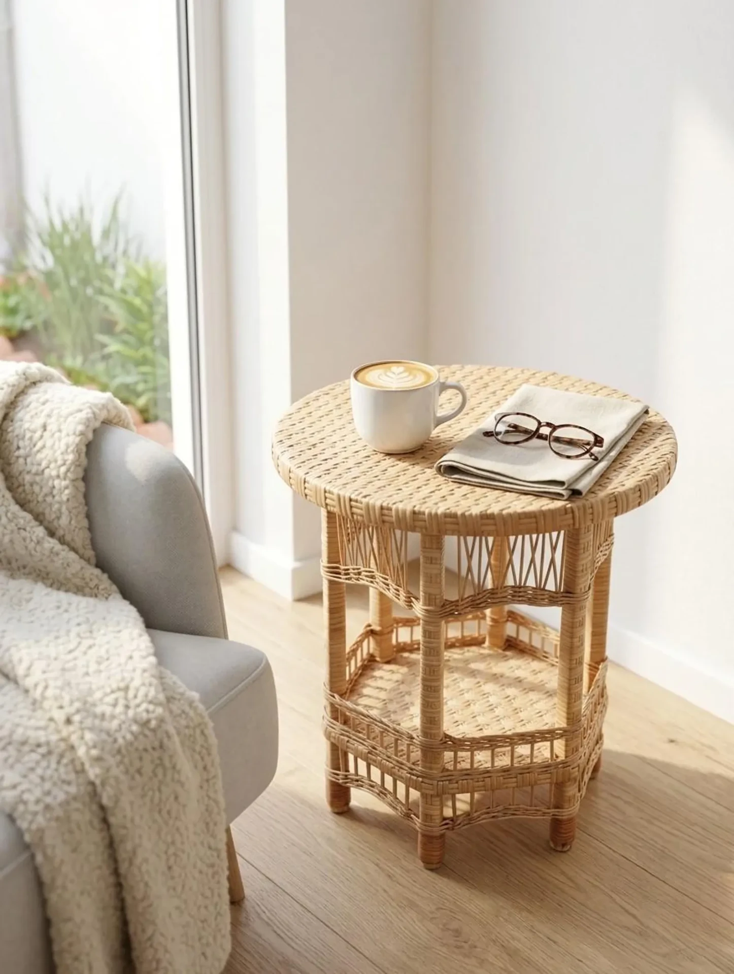 Handmade Wooden Side Table with Rattan & Wicker Accents — Round Boho End Table