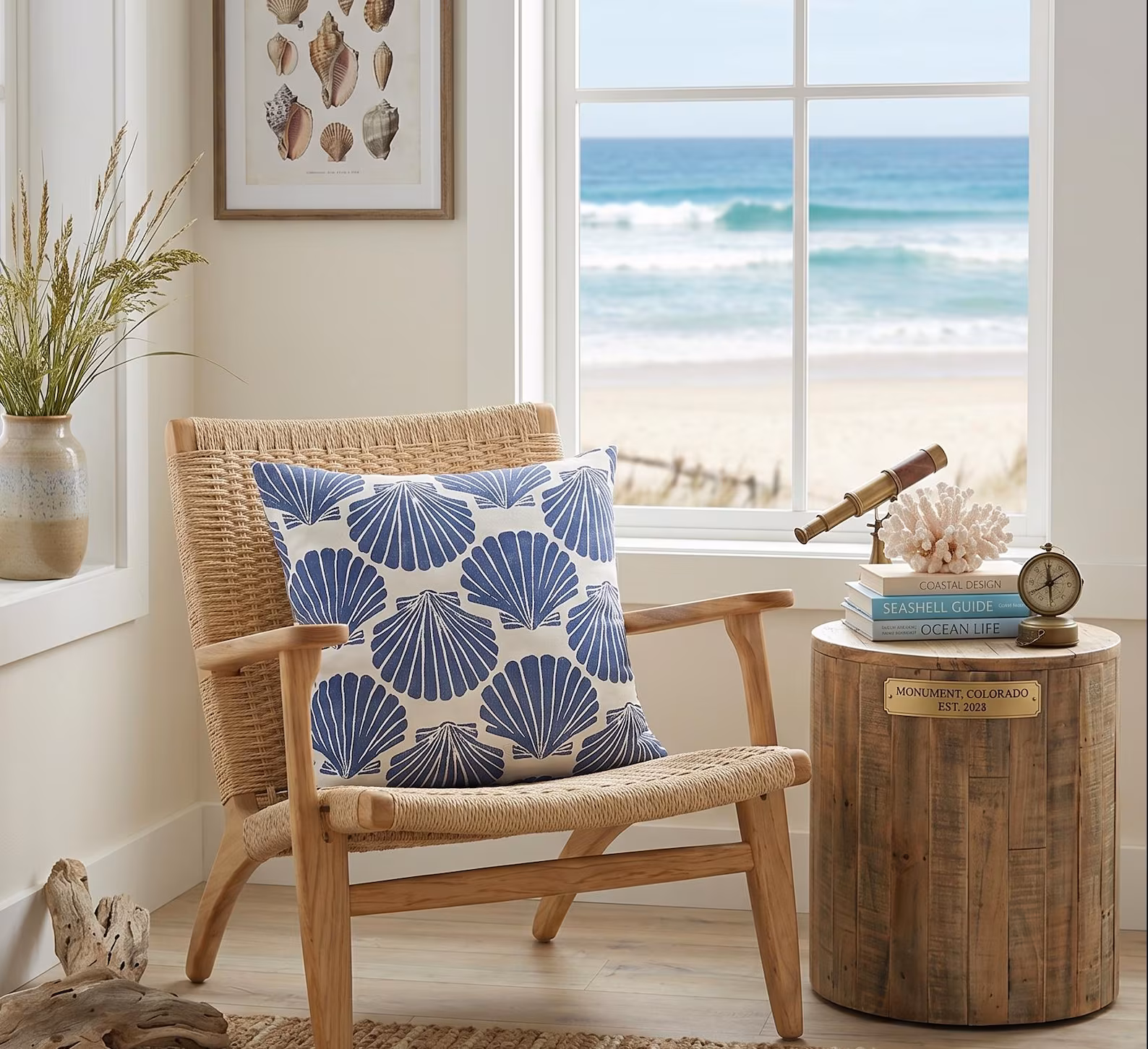 Navy Blue Seashell Throw Pillow — Textured Coastal Accent Cushion