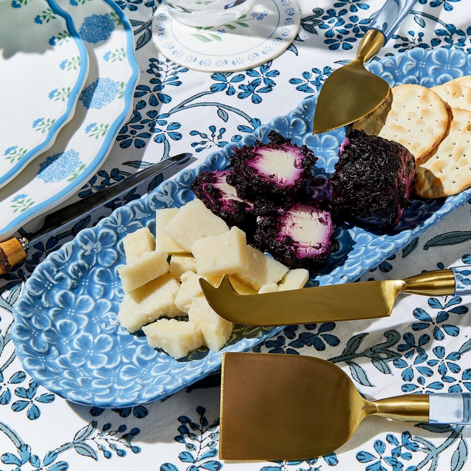 Blue Embossed Floral Serving Platter with Brass Cheese Knives