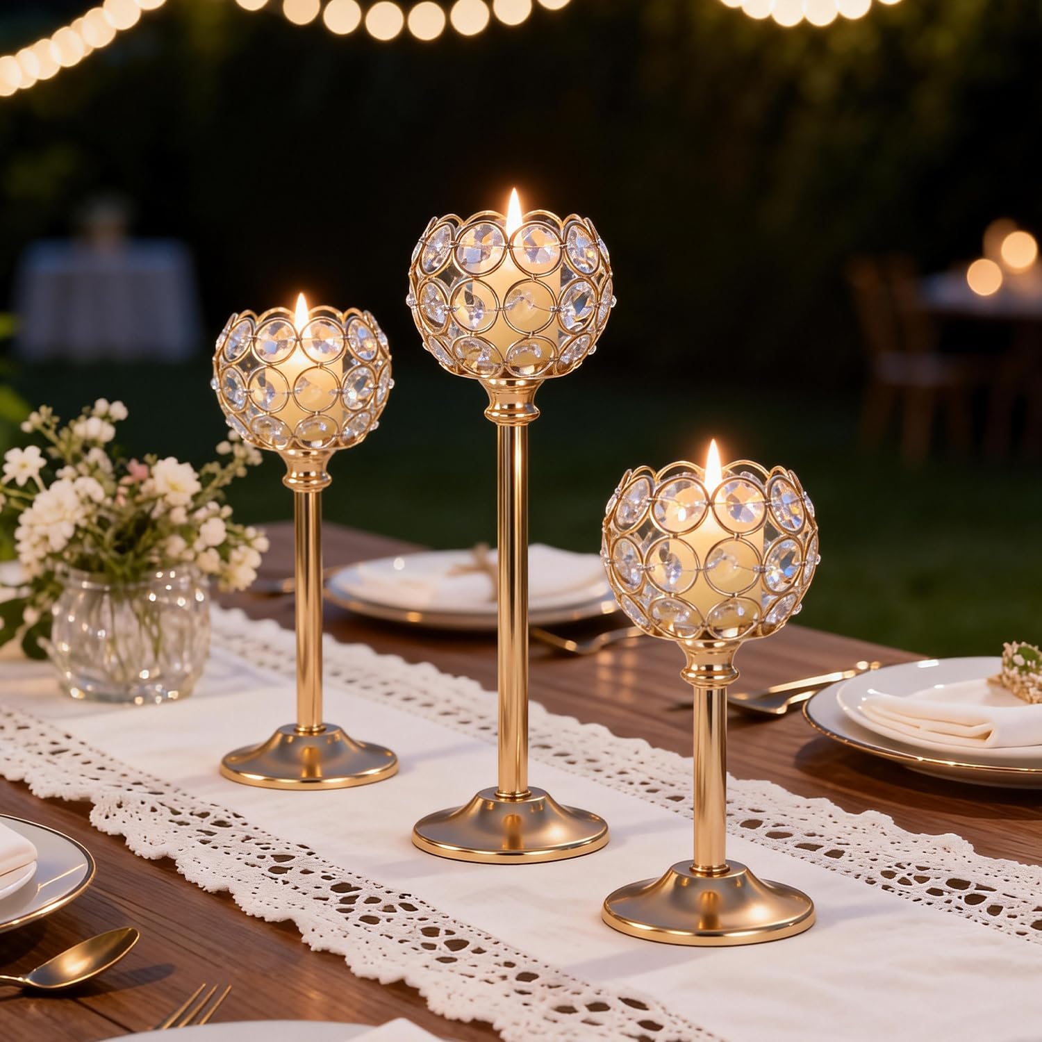 Oakernel Gold Crystal Bowl Candle Holders, 6-Piece (2 Sets of 3)
