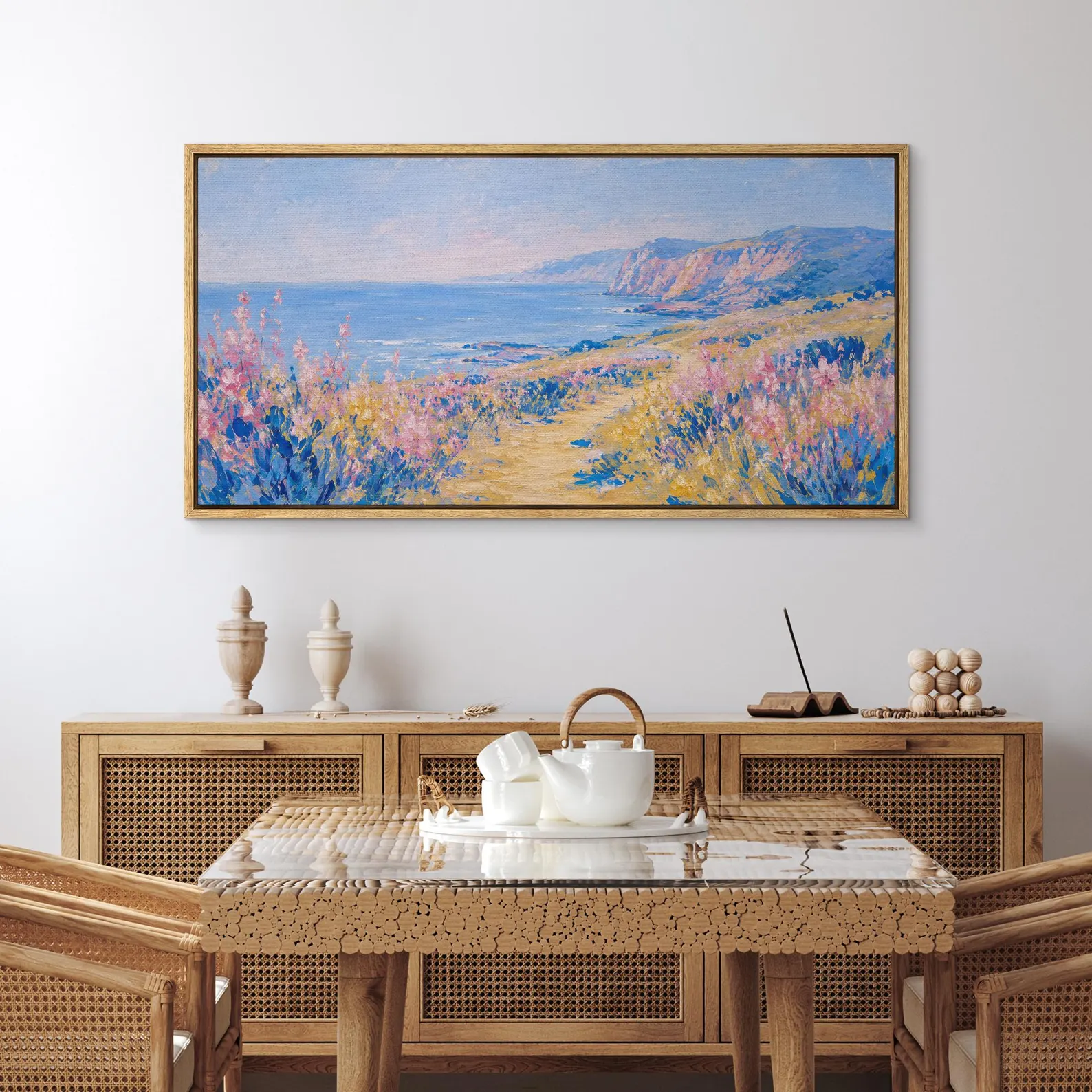 Large Coastal Wildflower Framed Wall Art — Pastel Seaside Path Canvas