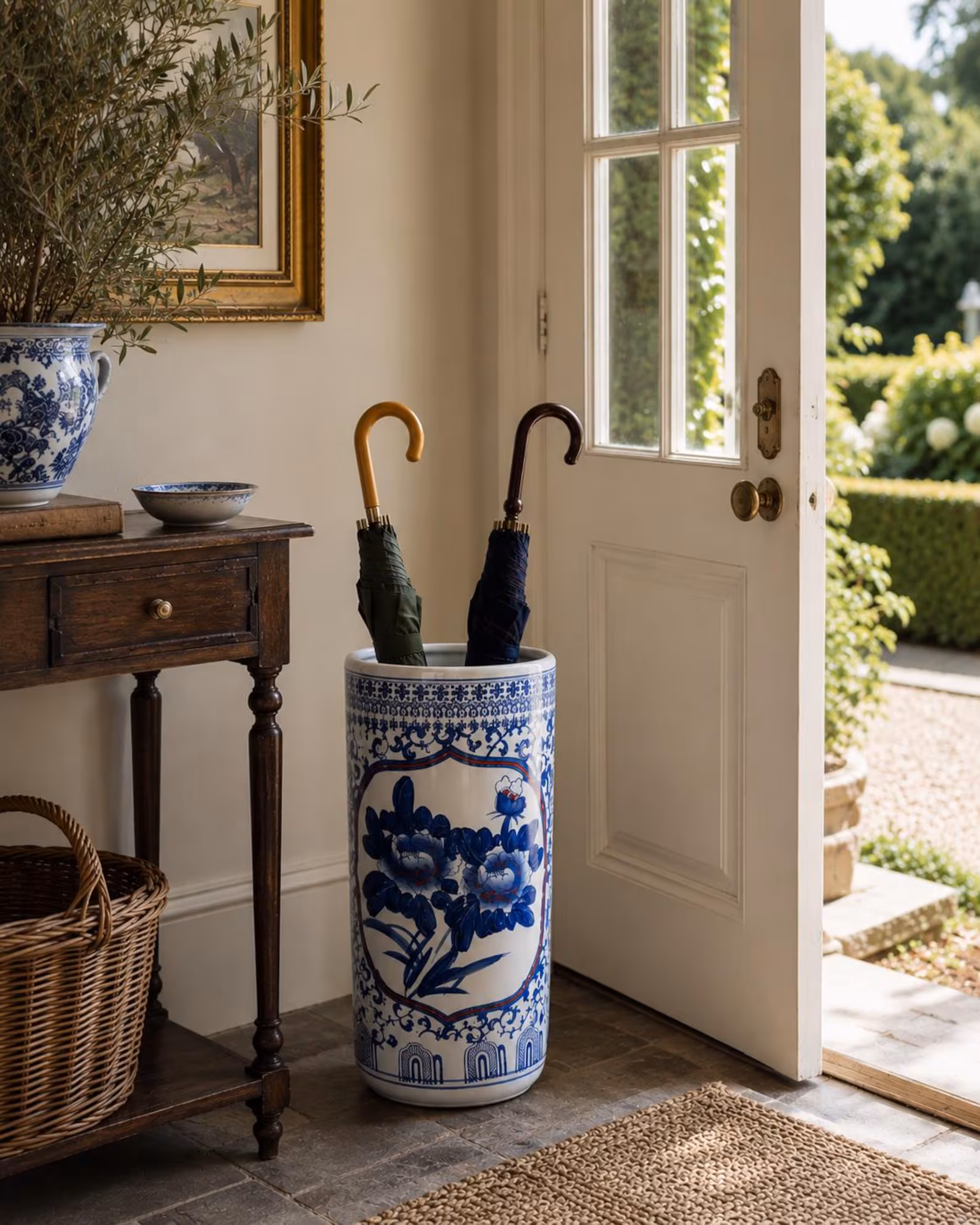 Vintage Chinoiserie Blue & White Porcelain Umbrella Stand