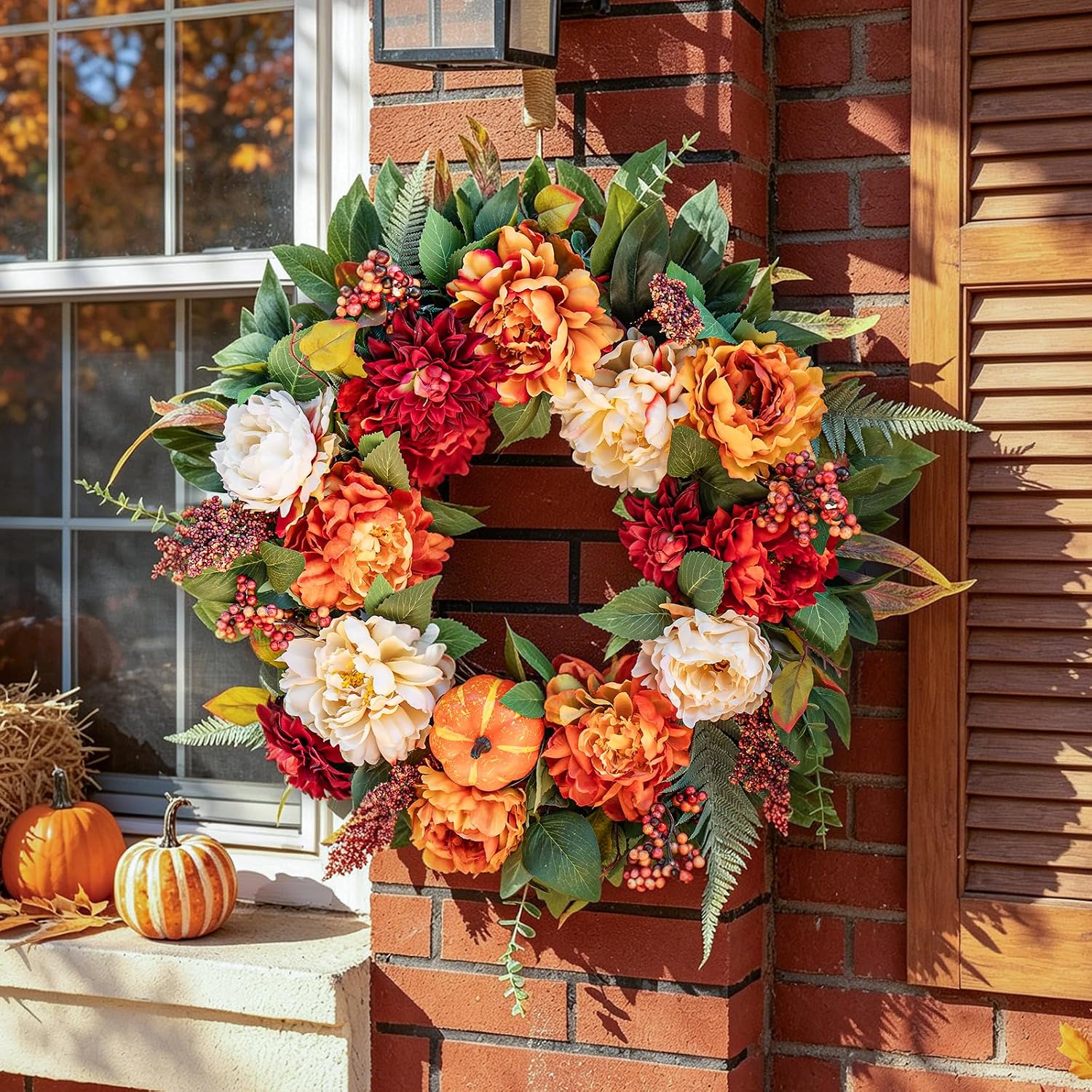 24" Fall Wreath for the Front Door — Peonies, Pumpkins & Autumn Leaves
