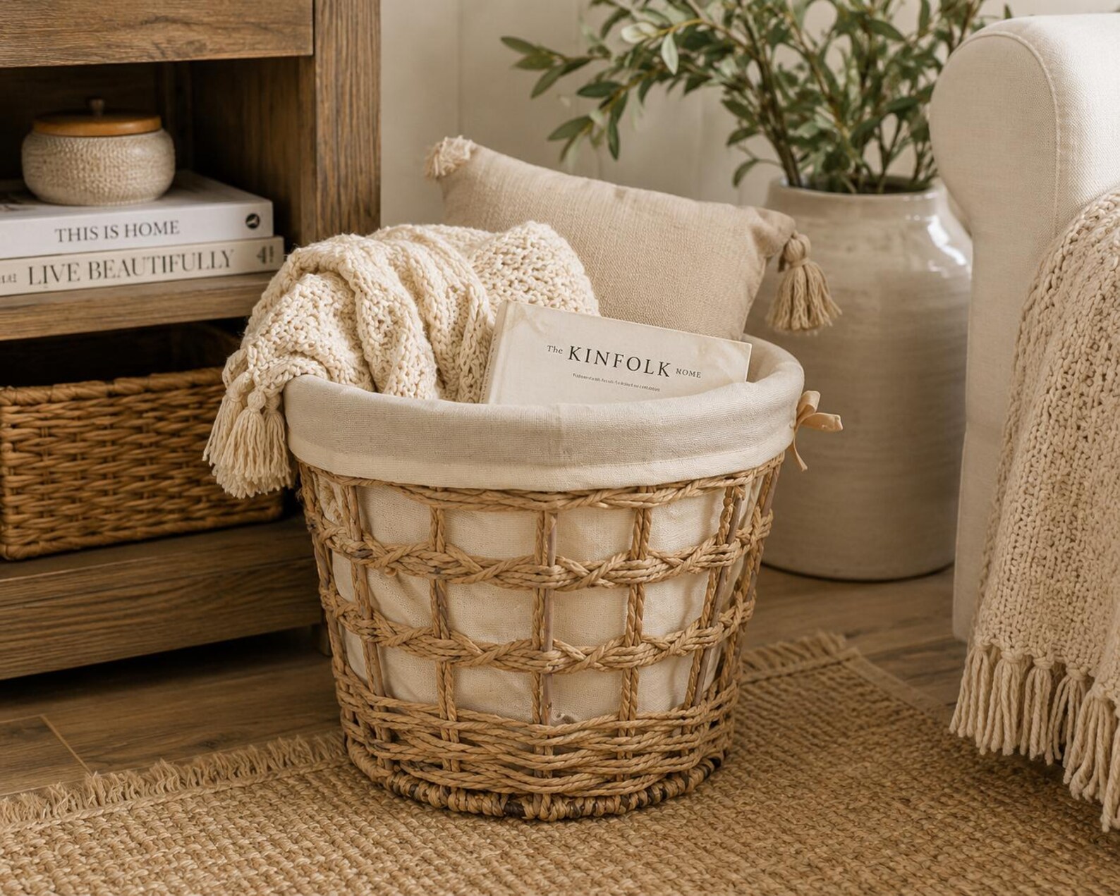 Woven Rope Storage Basket — Fabric-Lined Farmhouse Laundry Bin
