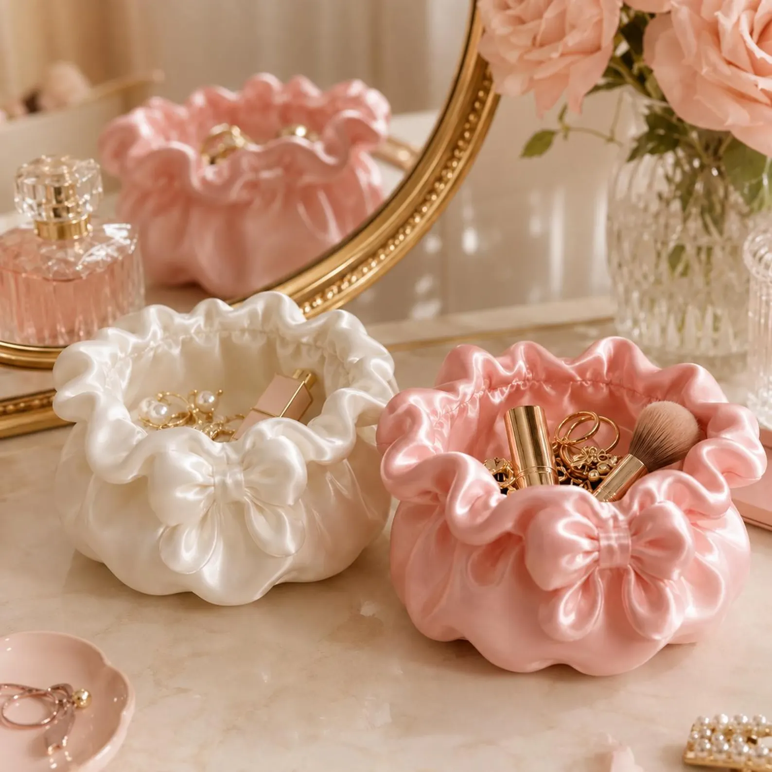 Coquette Bow Ruffle Vanity Bowl Jewelry Organizer Trinket Dish