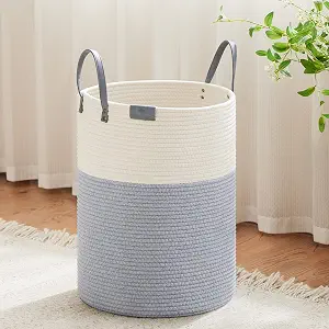 58L Tall Woven Rope Laundry Hamper — Grey & White with Leather Handles