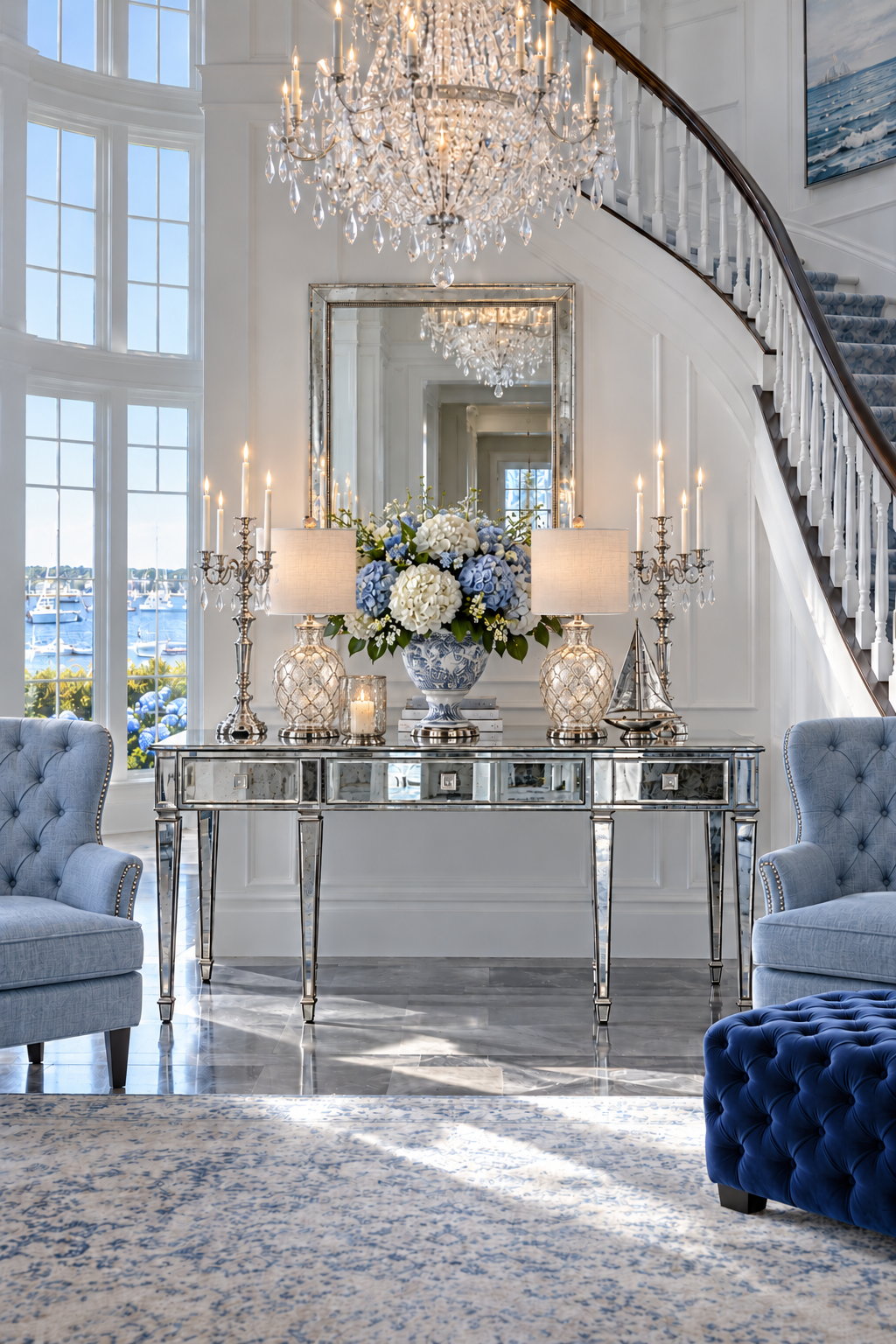 Grand Nantucket entry with a curved staircase, crystal candle chandelier, mirrored console table, silver candelabras, mercury glass lamps, blue-and-white ginger jar with hydrangeas, light blue tufted chairs and a navy velvet ottoman.