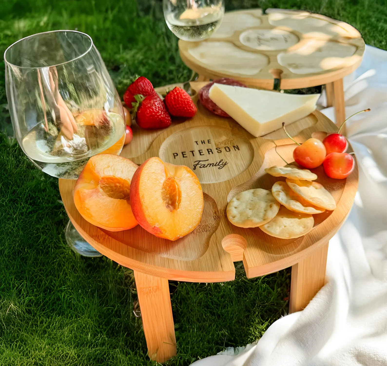 Personalized Bamboo Folding Wine Picnic Table — Family Name Engraved