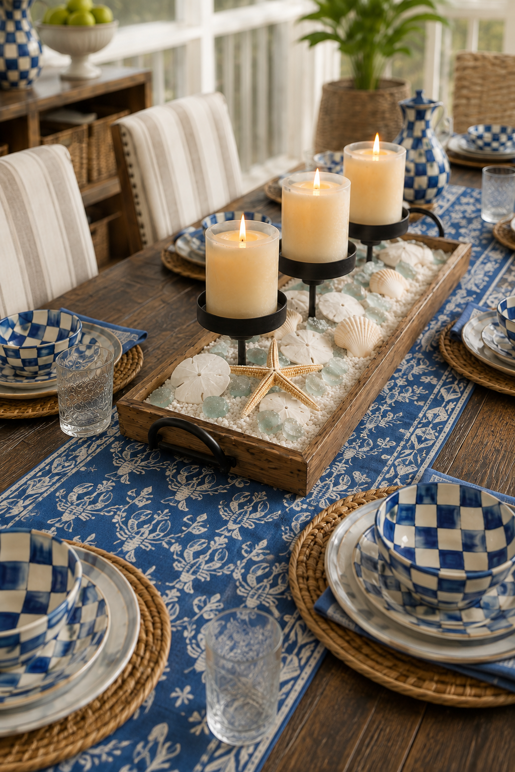 Coastal candle centerpiece tray with sand dollars, sea glass and starfish on a blue lobster block-print runner with check bowls.