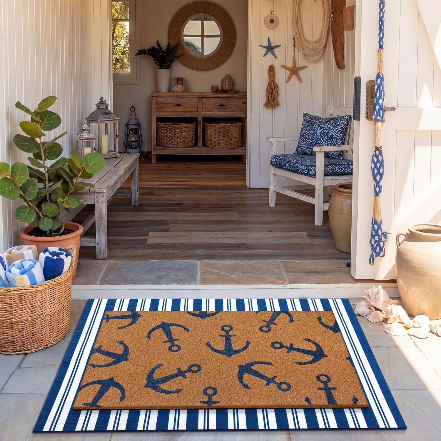 Navy Anchor Coir Doormat with Blue Stripe Layering Rug