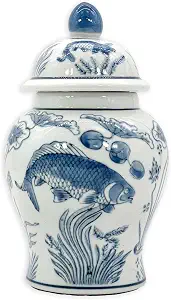 Blue & White Koi Fish Ginger Jar — Hand Painted Porcelain Temple Jar