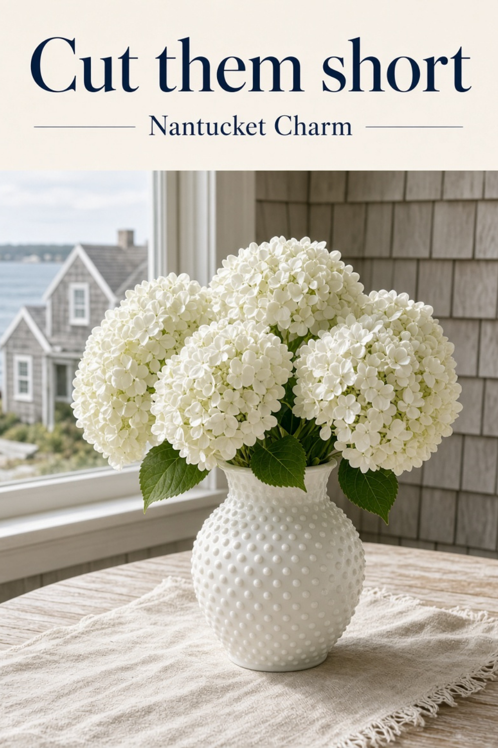 White Hydrangeas in a Hobnail Vase