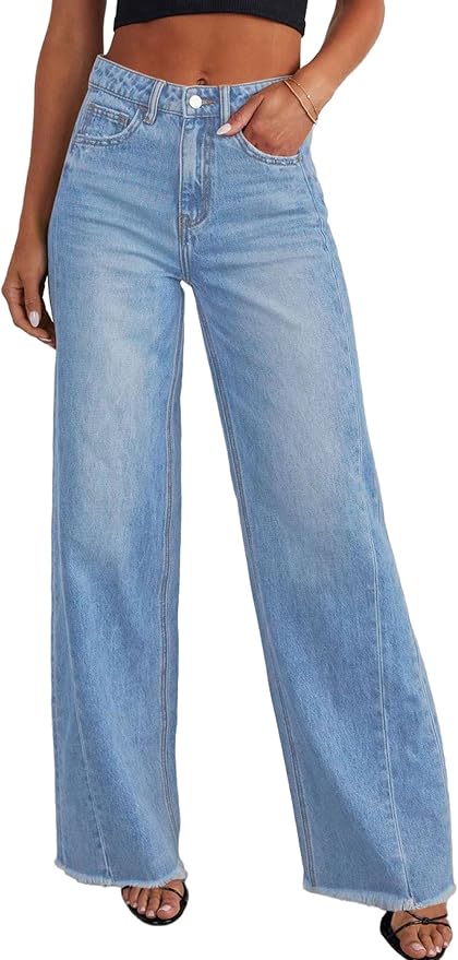 Light Wash High-Waist Wide-Leg Baggy Jeans with Raw Hem