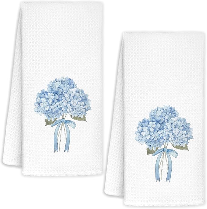Blue Hydrangea Bow Waffle Hand Towels, Set of 2 (16x24)